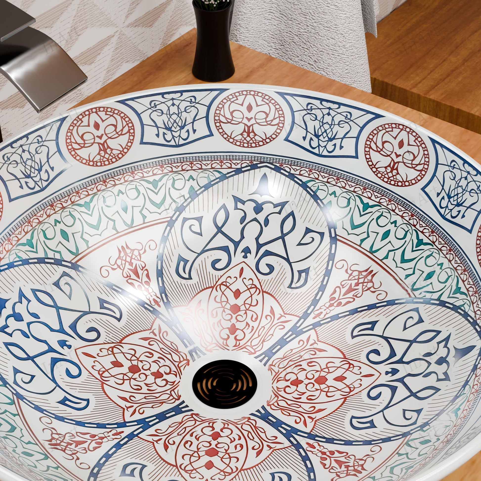 InArt table top basin design, 40.5 x 40.5 cm square blue glazed wash basin with tap hole detail