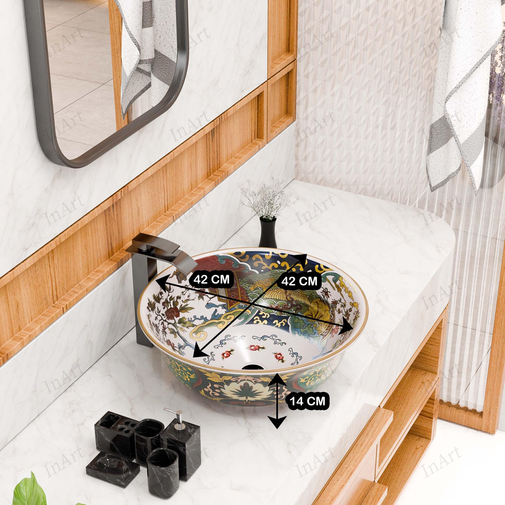 Table top basin design with cabinet styling for Indian bathroom, square ceramic multi colour wash basin