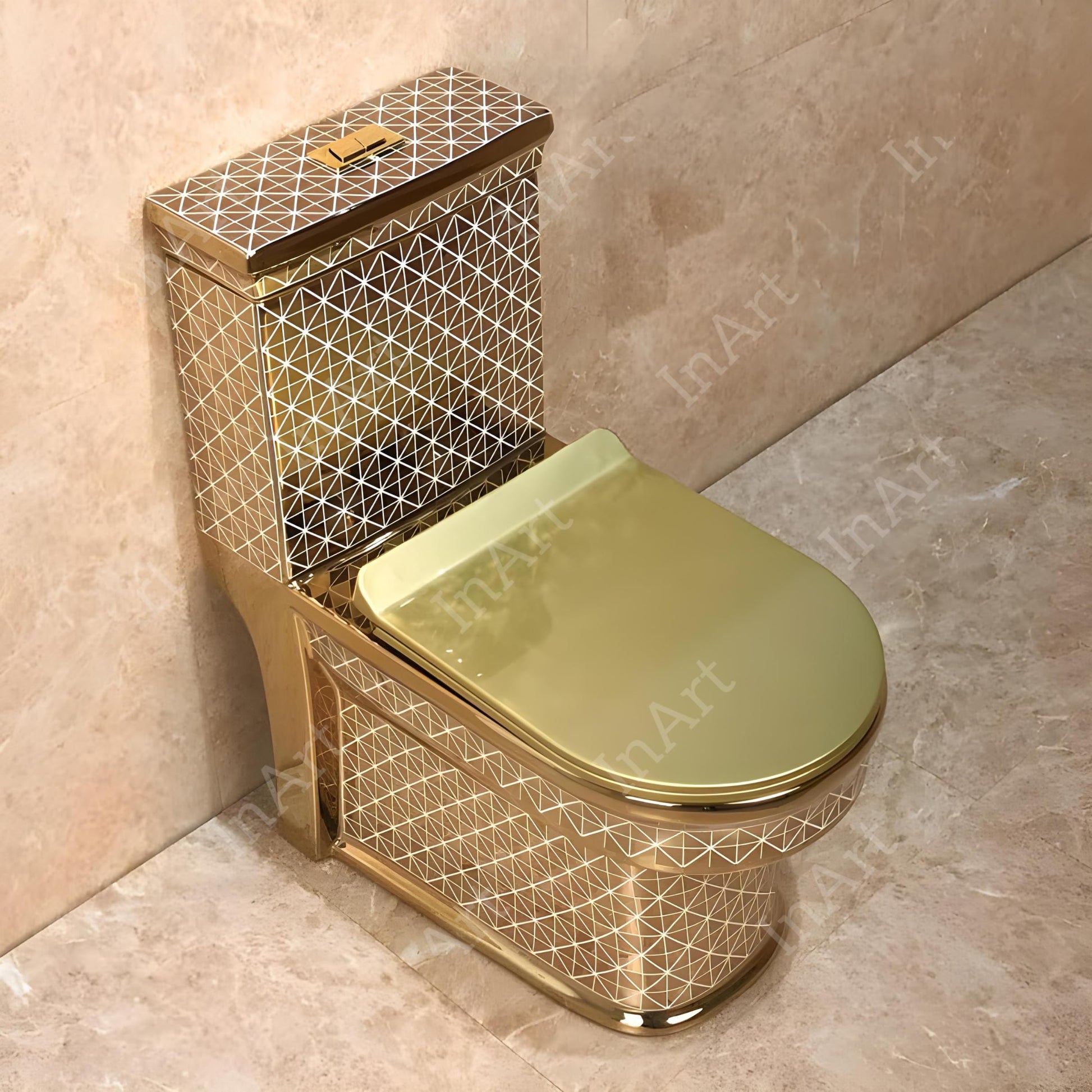 Gold finish ceramic one piece closet top view, elongated bowl design for comfortable western toilet use