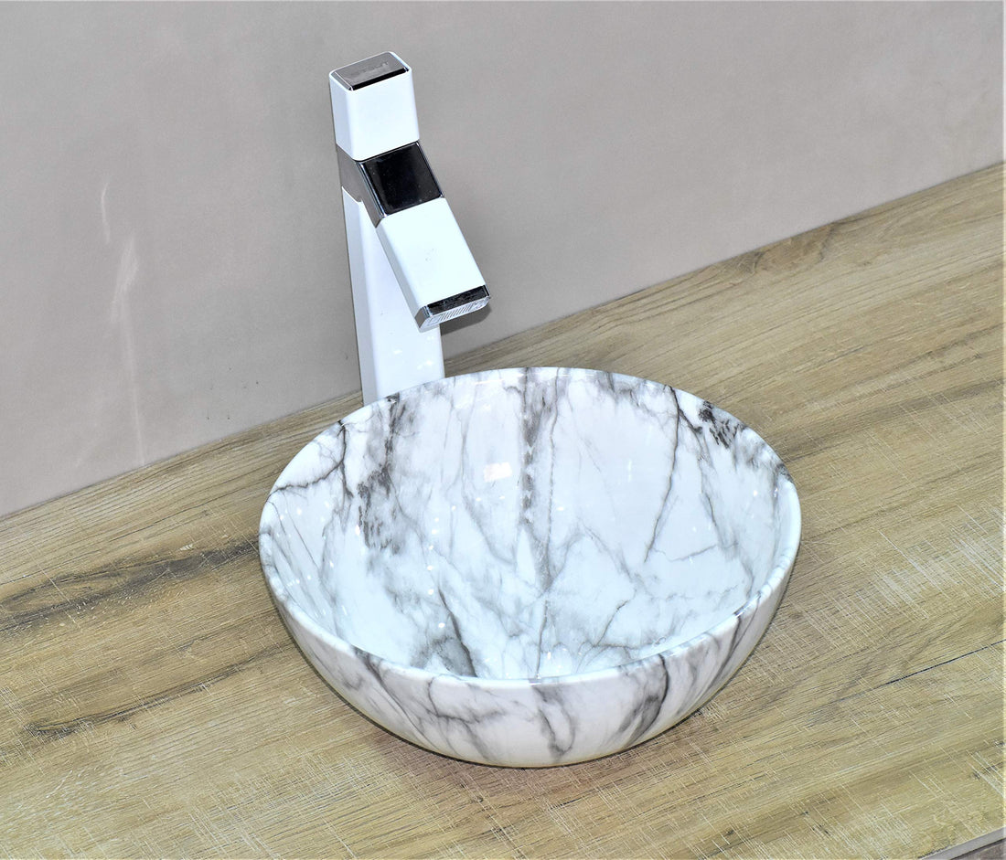 InArt ceramic table top wash basin, square 36x36 cm in white marble finish, front view