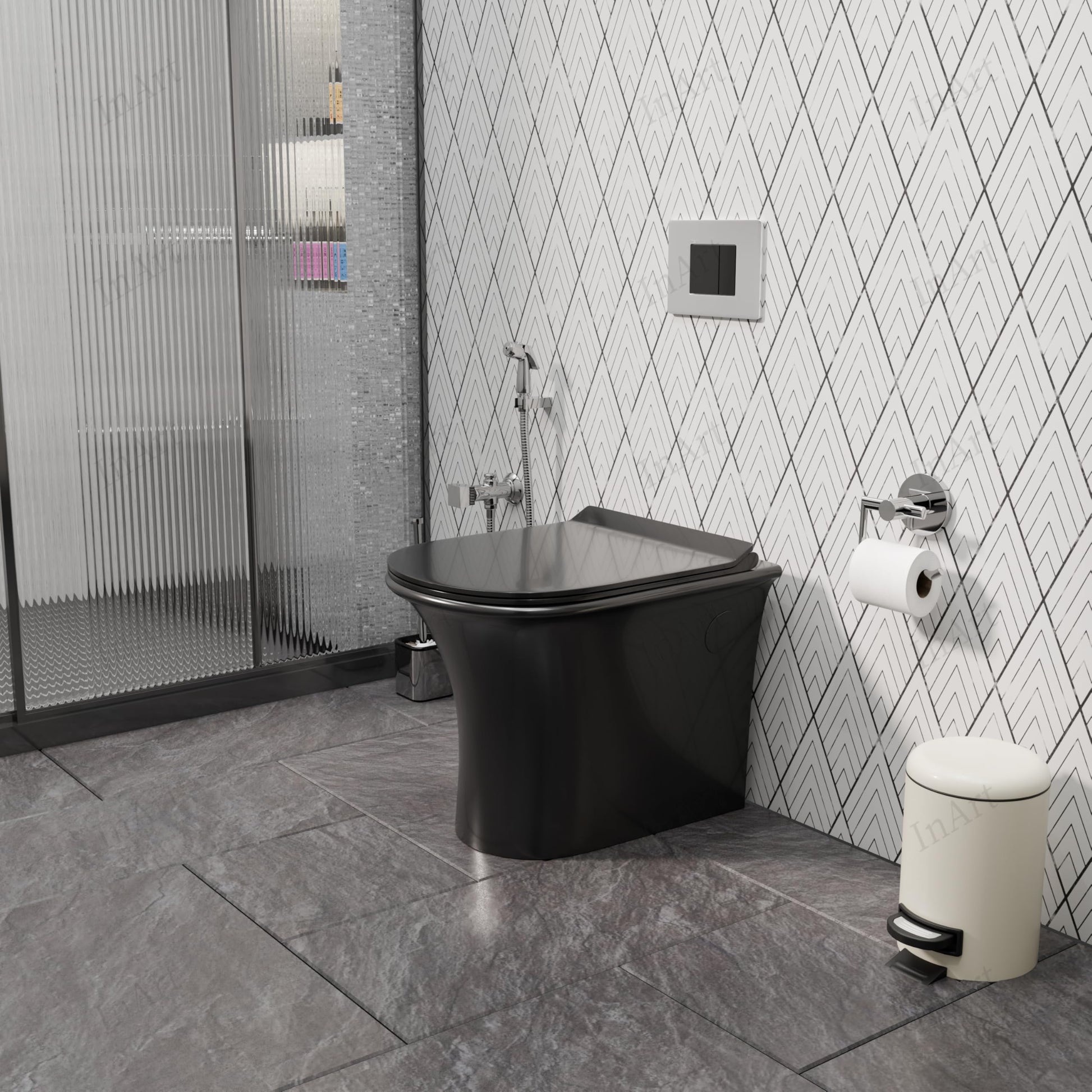InArt back to wall western toilet in glossy black ceramic, oval one piece floor mount WC pan for washroom