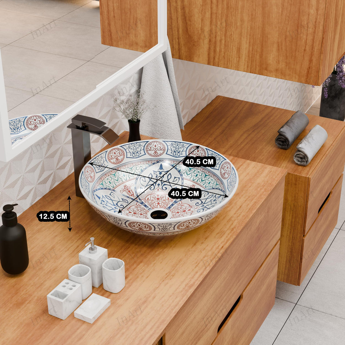 InArt ceramic table top wash basin, square blue glazed Mexican design, main front view