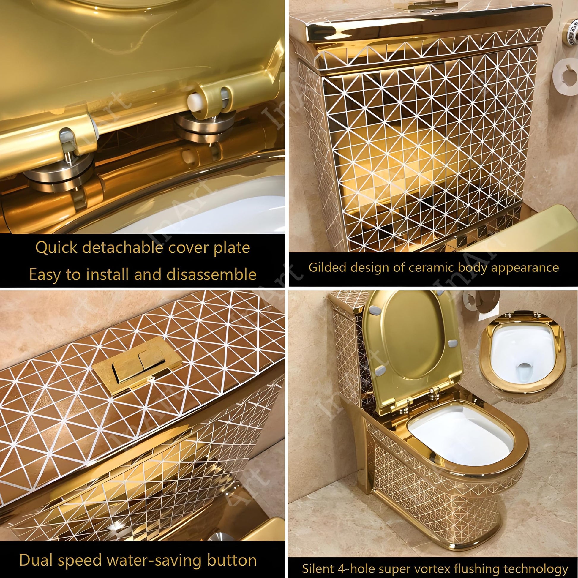 InArt gold ceramic one piece western toilet with soft close seat, premium sanitaryware for modern bathrooms