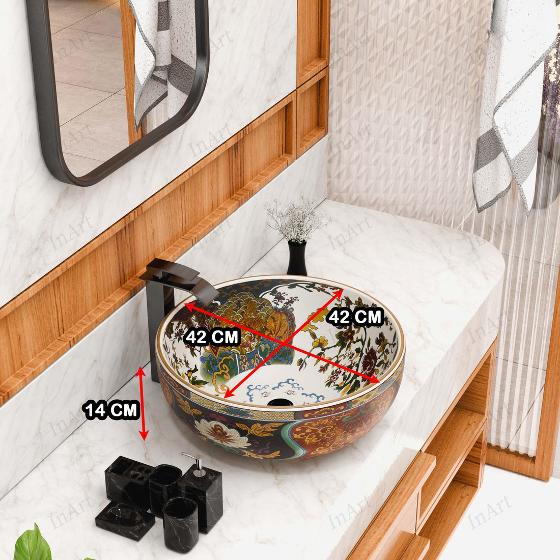 washbasindesign InArt ceramic round table top wash basin, multicolour floral glossy finish, front view