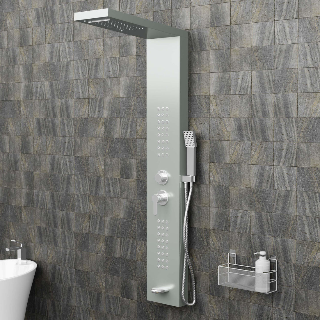 InArt black shower tower in 304 stainless steel, rectangular wall-mount shower panel system, brushed nickel