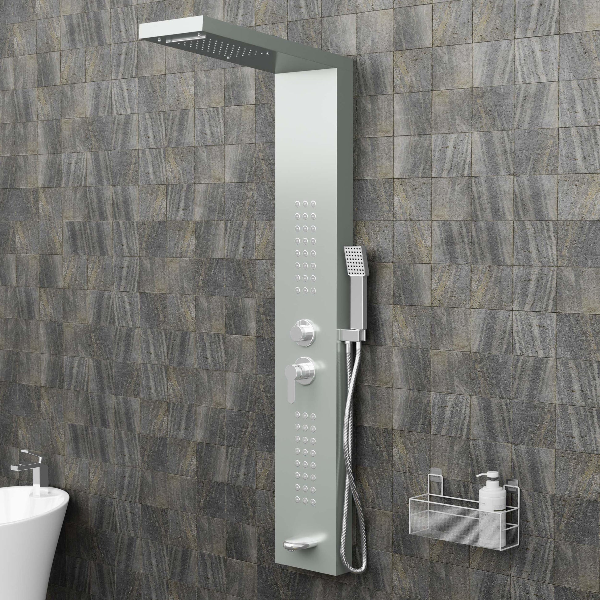InArt black shower tower in 304 stainless steel, rectangular wall-mount shower panel system, brushed nickel