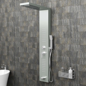 InArt black shower tower in 304 stainless steel, rectangular wall-mount shower panel system, brushed nickel