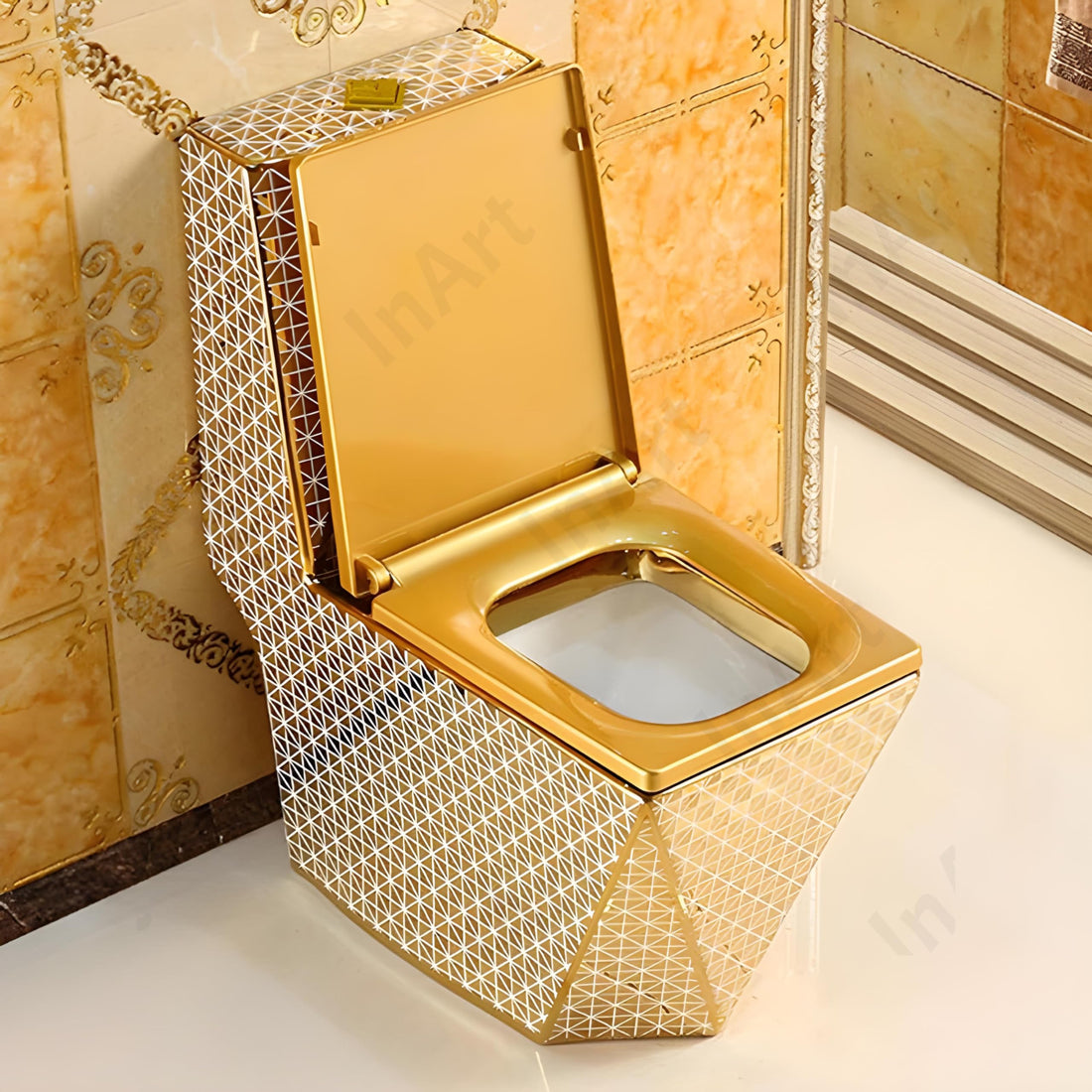 InArt round dual flush toilet in gold ceramic, oval one piece western water closet, front view