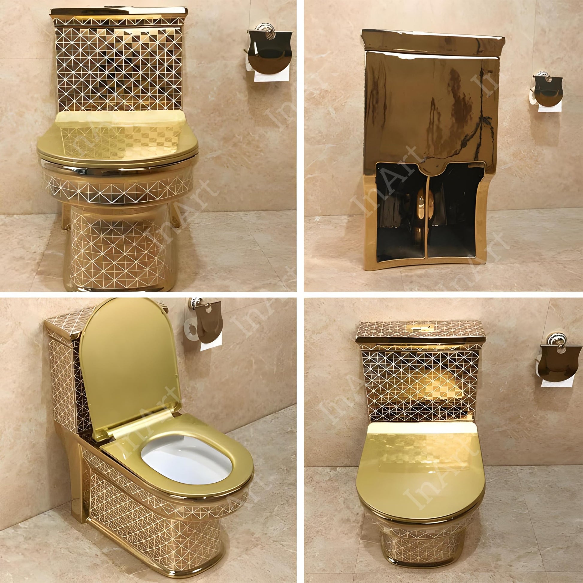 Ceramic western toilet in gold, oval one piece closet rear angle showing S-trap outlet and sleek tank