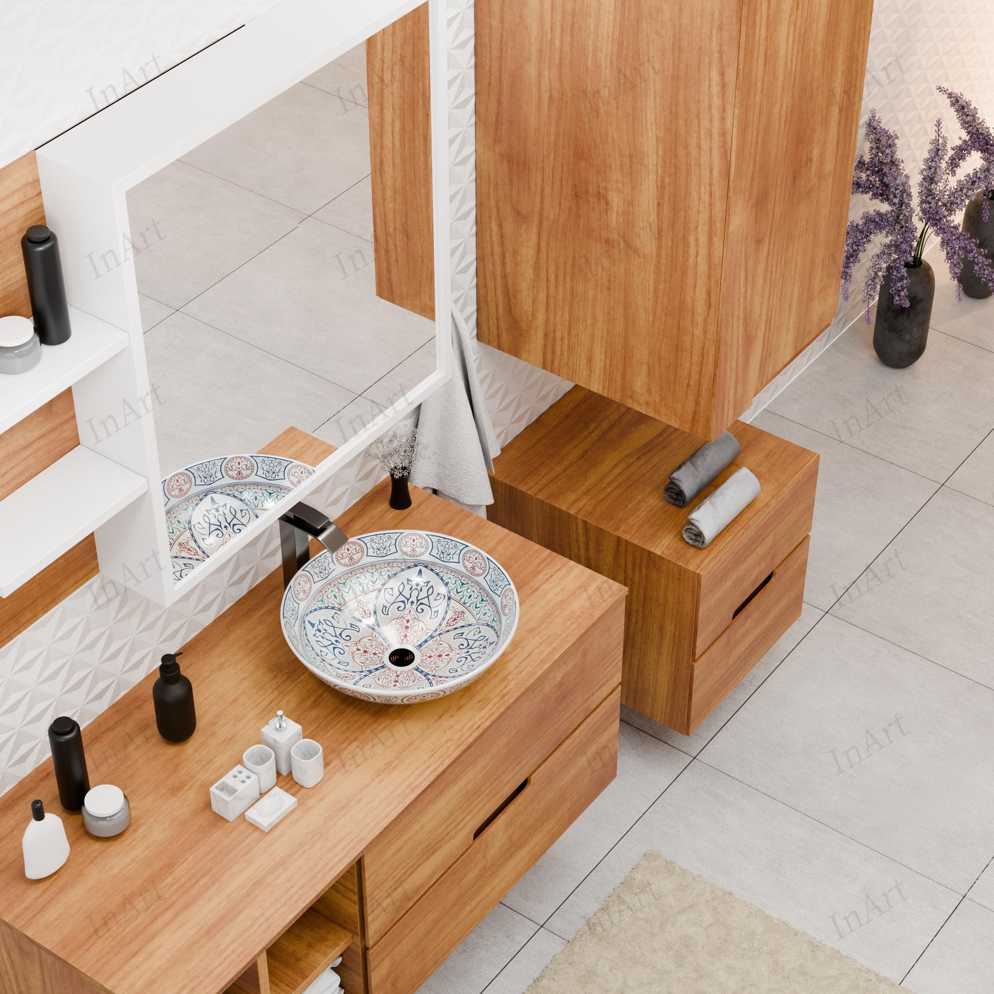 Square table top wash basin with cabinet pairing idea, blue ceramic basin on vanity counter in bathroom