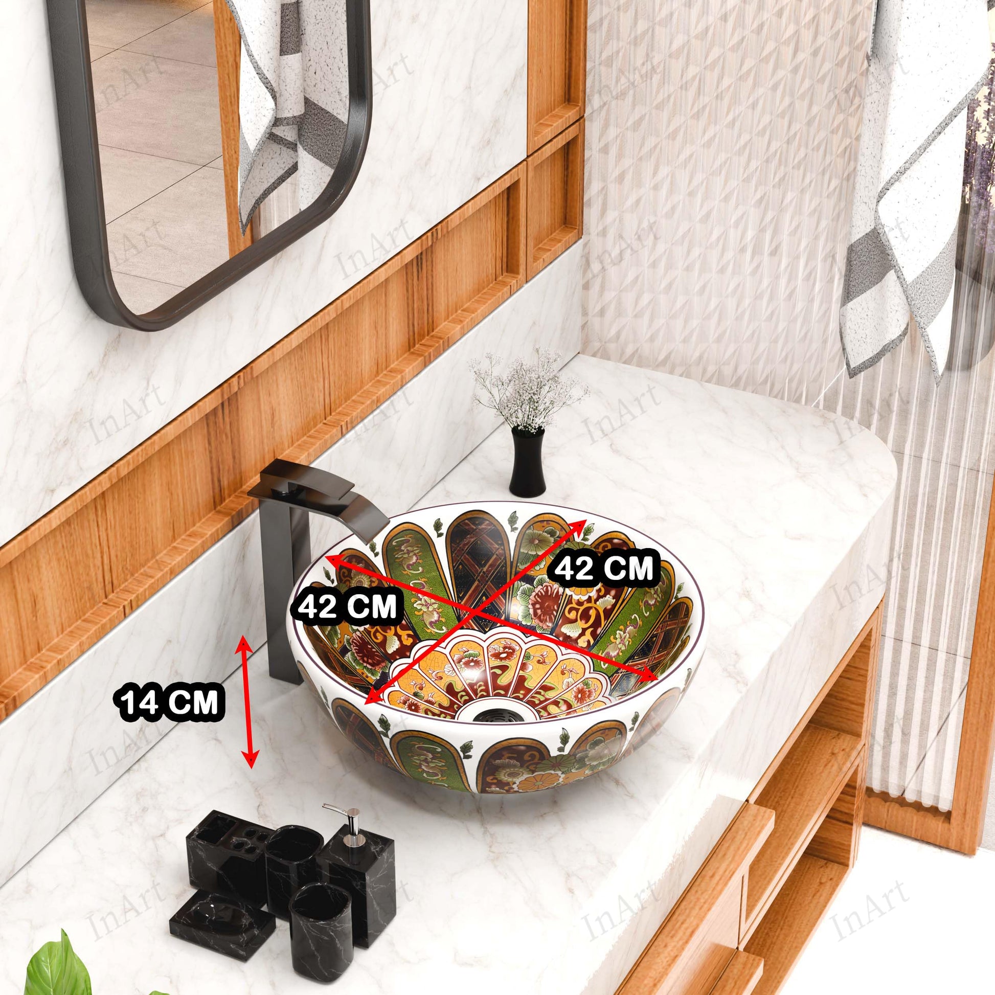 Designer ceramic wash basin for bathroom, round countertop basin shown at angled side view with Moroccan print