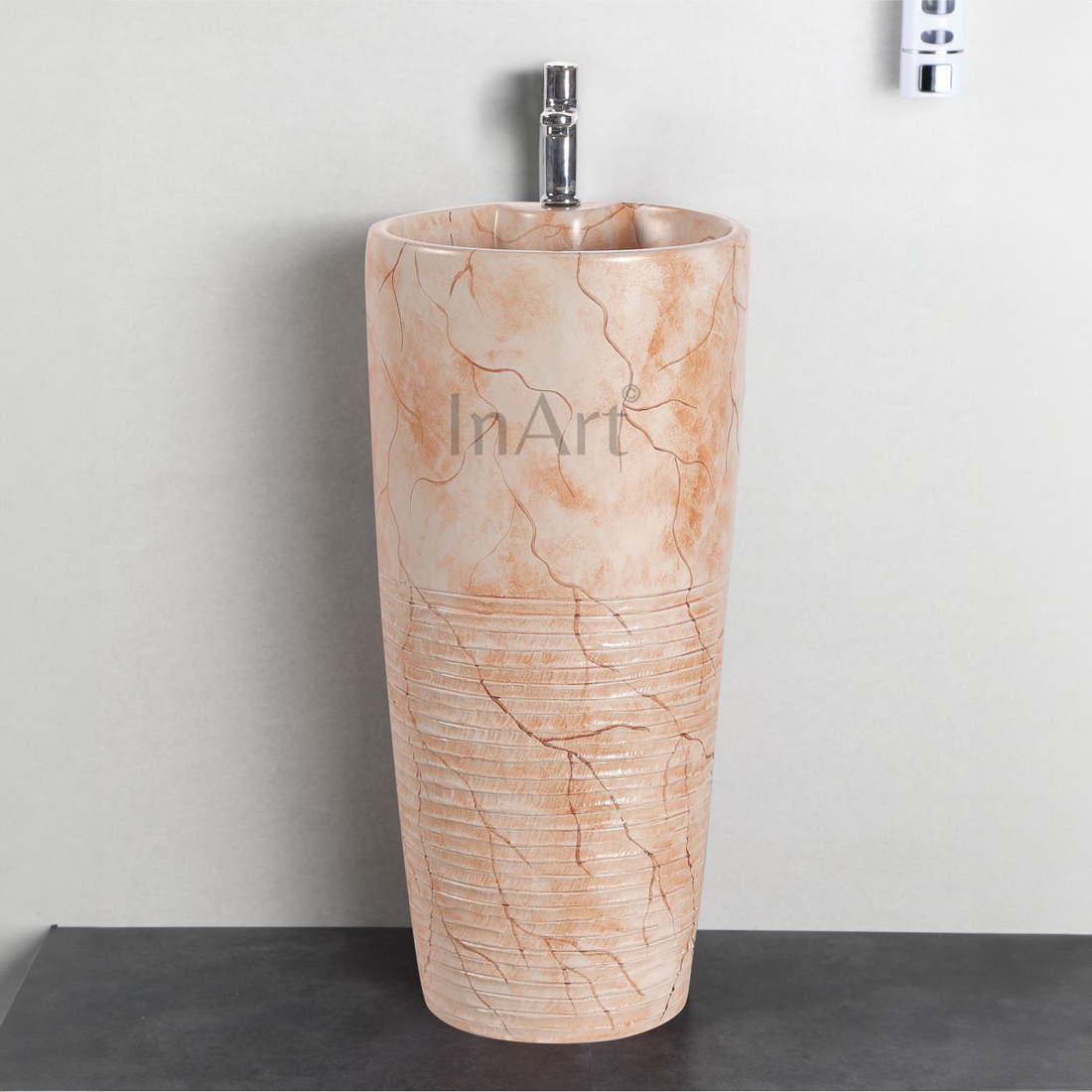 InArt Ceramic One Piece Pedestal Wash Basin Free Standing Round Orange Matt Marble Finish 38 X 38 CM - InArt-Studio