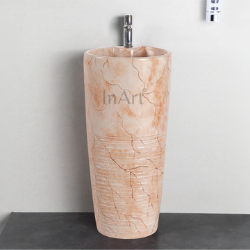 InArt Ceramic One Piece Pedestal Wash Basin Free Standing Round Orange Matt Marble Finish 38 X 38 CM - InArt-Studio
