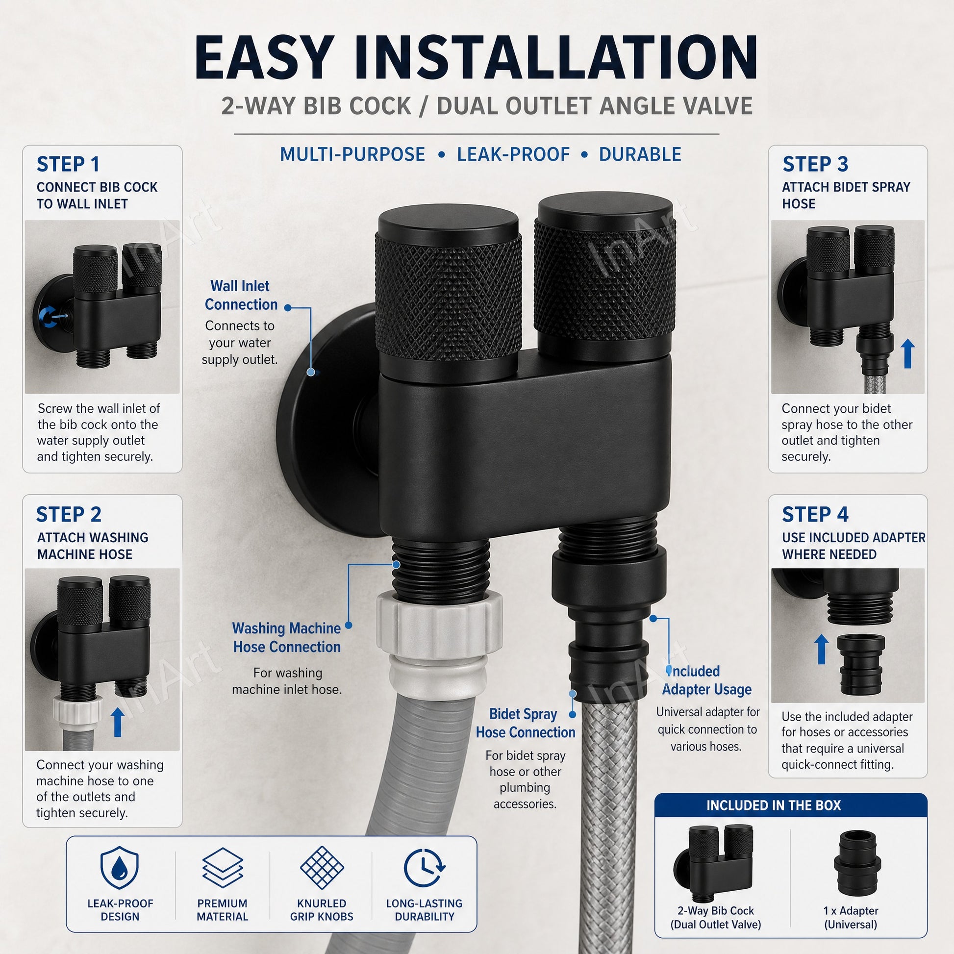 InArt 2 way angle tap 100% brass double outlet angle valve black matt wall angle cock for bathroom