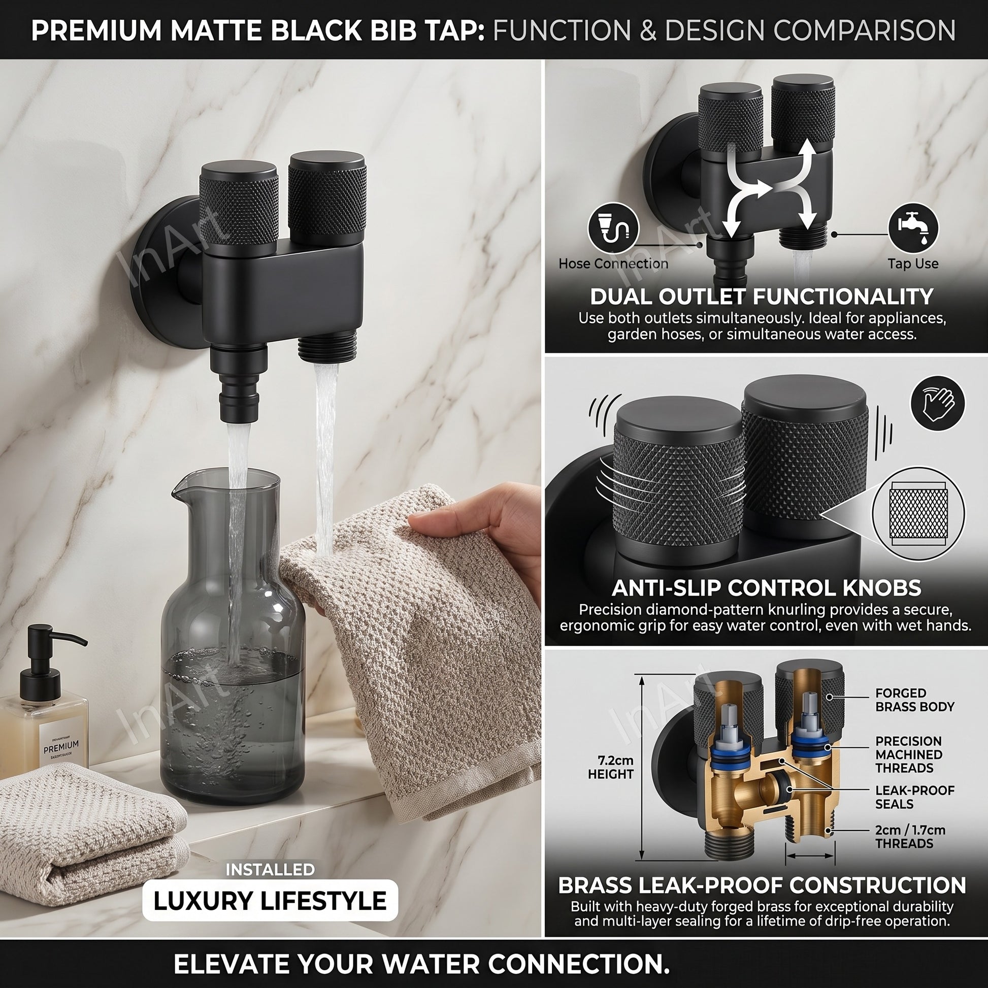 InArt black matt 2 in 1 angle valve with dual outlet handles, brass wall mounted angle cock for wash basin