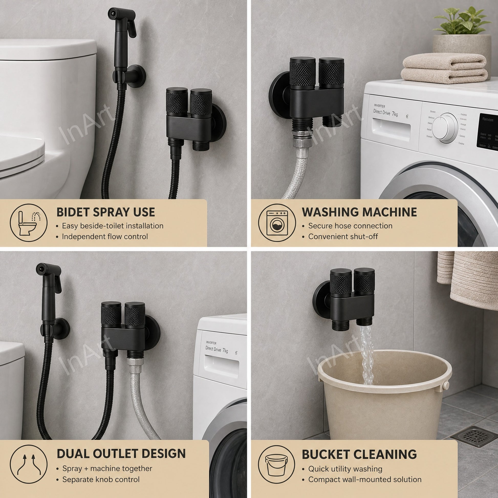 InArt double outlet angle cock 2 way angle valve in black matt finish, 100% brass for flush tank and jet spray