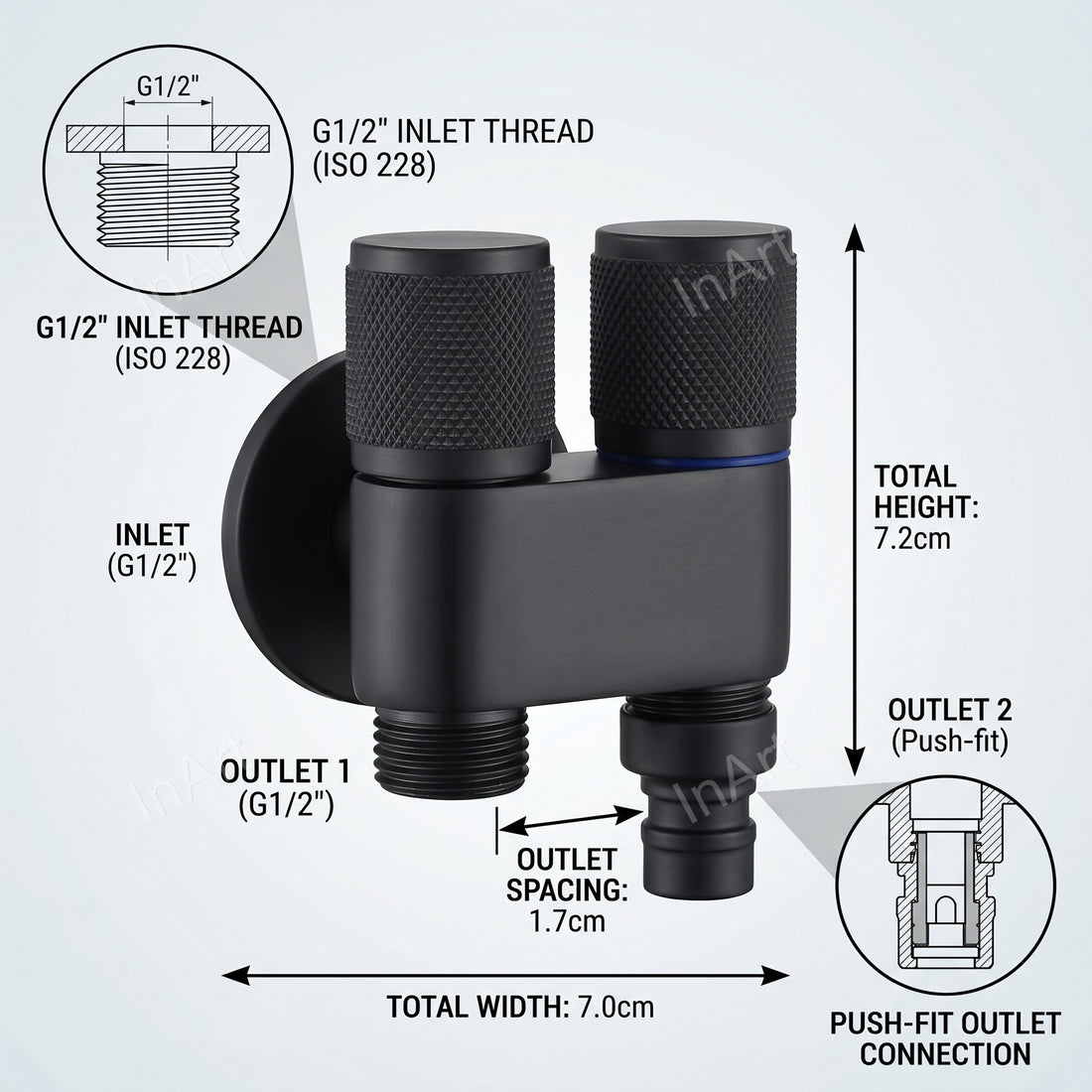 InArt 2 way angle valve brass body, black matt wall angle tap with two outlets for bathroom plumbing connection