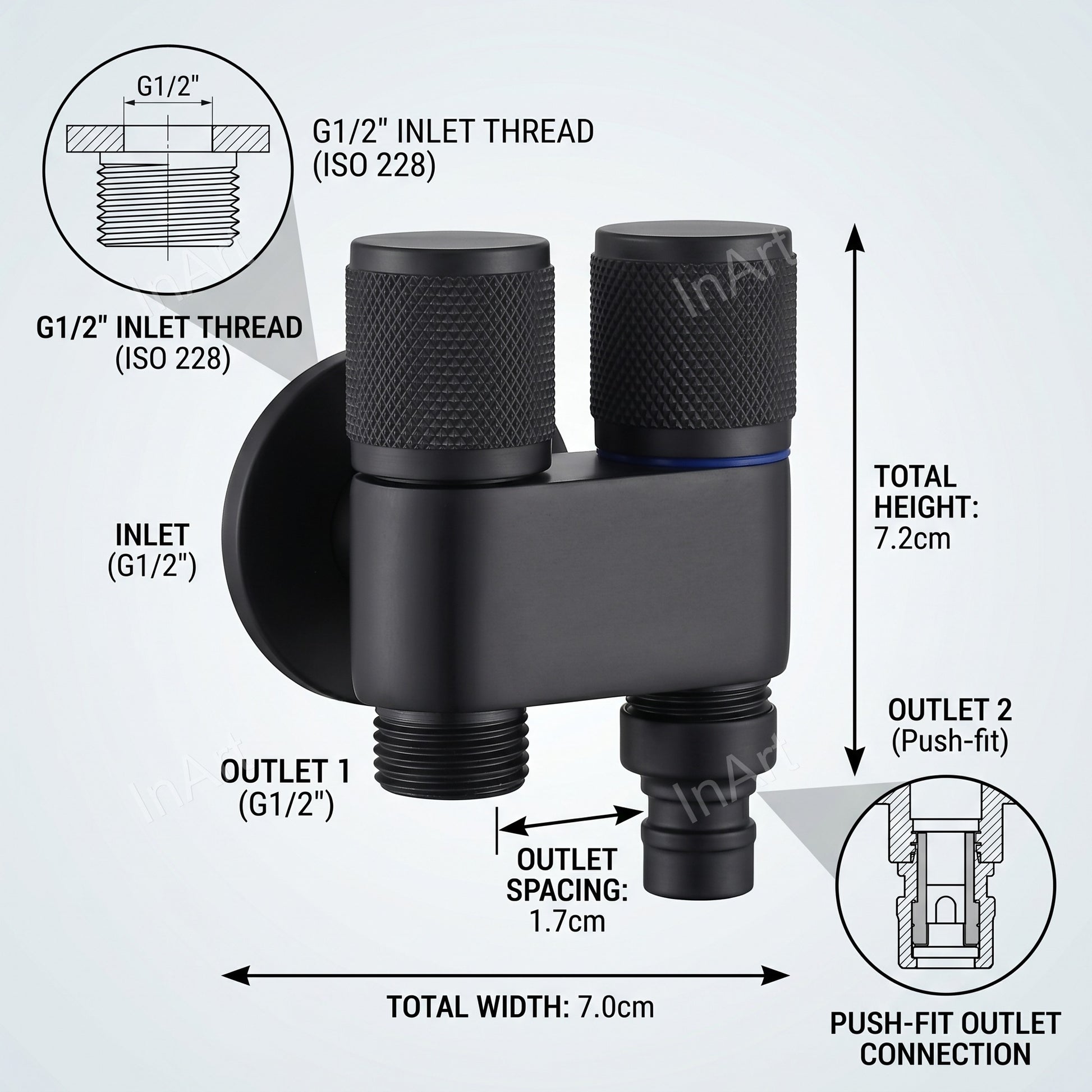 InArt 2 way angle valve brass body, black matt wall angle tap with two outlets for bathroom plumbing connection