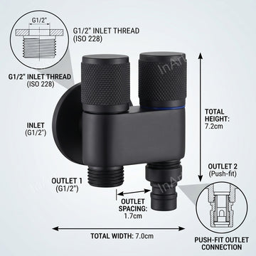 InArt 2 way angle valve brass body, black matt wall angle tap with two outlets for bathroom plumbing connection