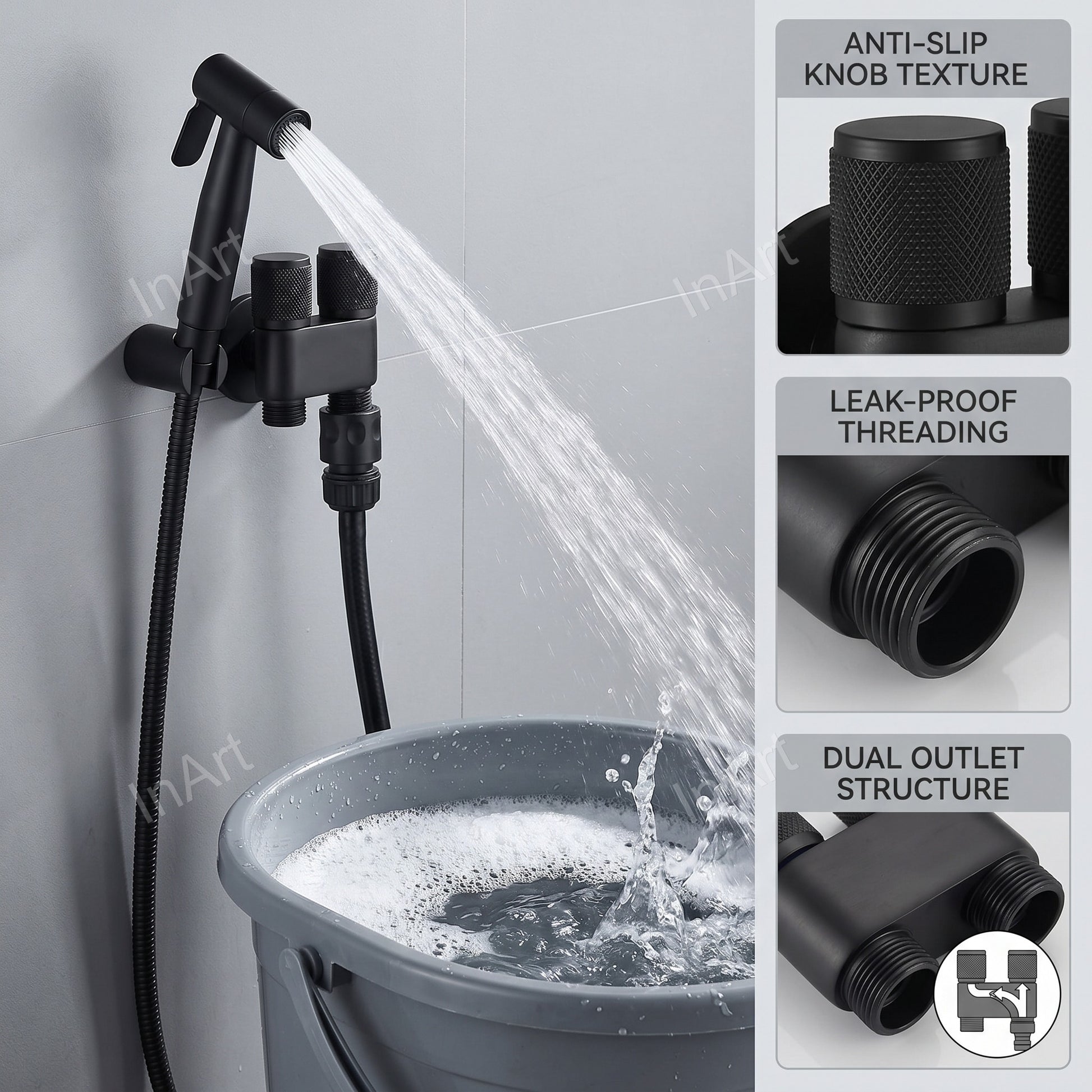 InArt 100% brass 2 way angle valve with double outlet, black matt wall angle cock for modern bathroom