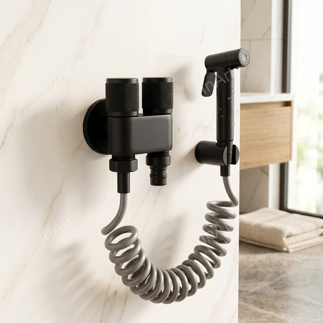 InArt 2 way angle valve brass body, black matt wall angle tap with two outlets for bathroom plumbing connection