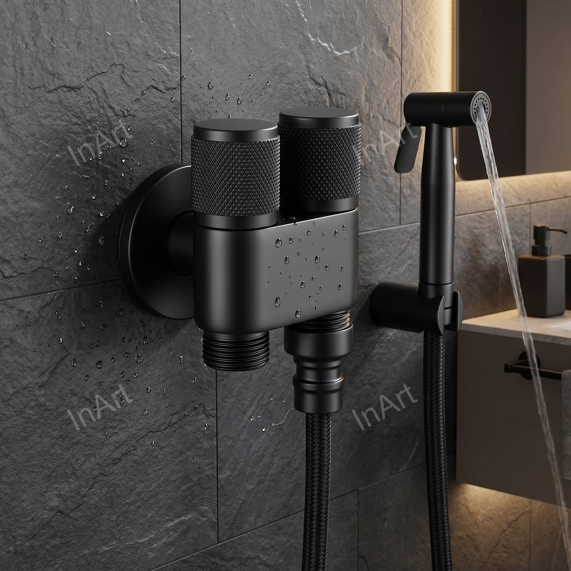 InArt 2 in 1 angle cock black matt, 100% brass double outlet angle valve for bathroom sanitaryware
