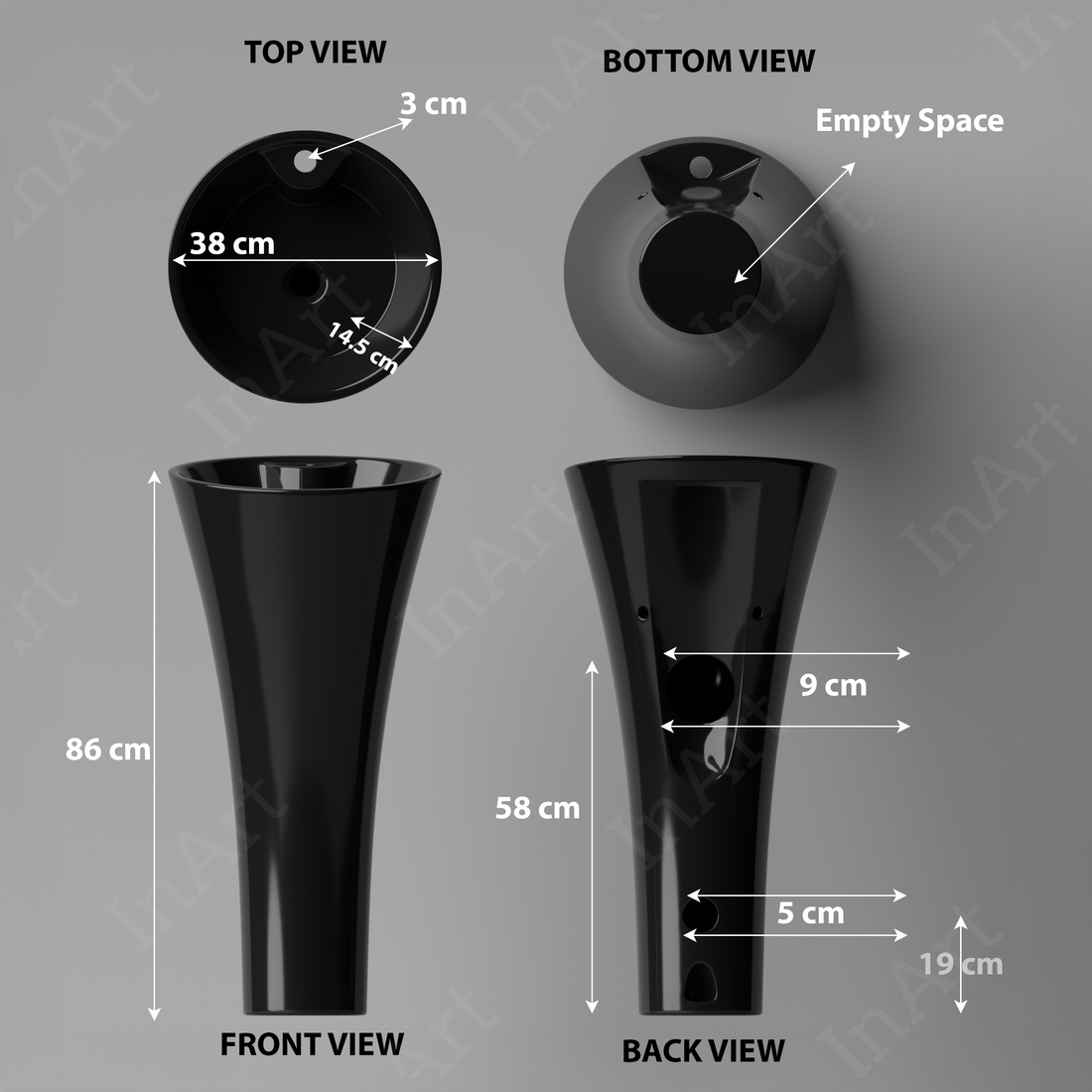 InArt Ceramic One Piece Pedestal Wash Basins Free Standing Round Glossy Black 38 X 38 CM PW005