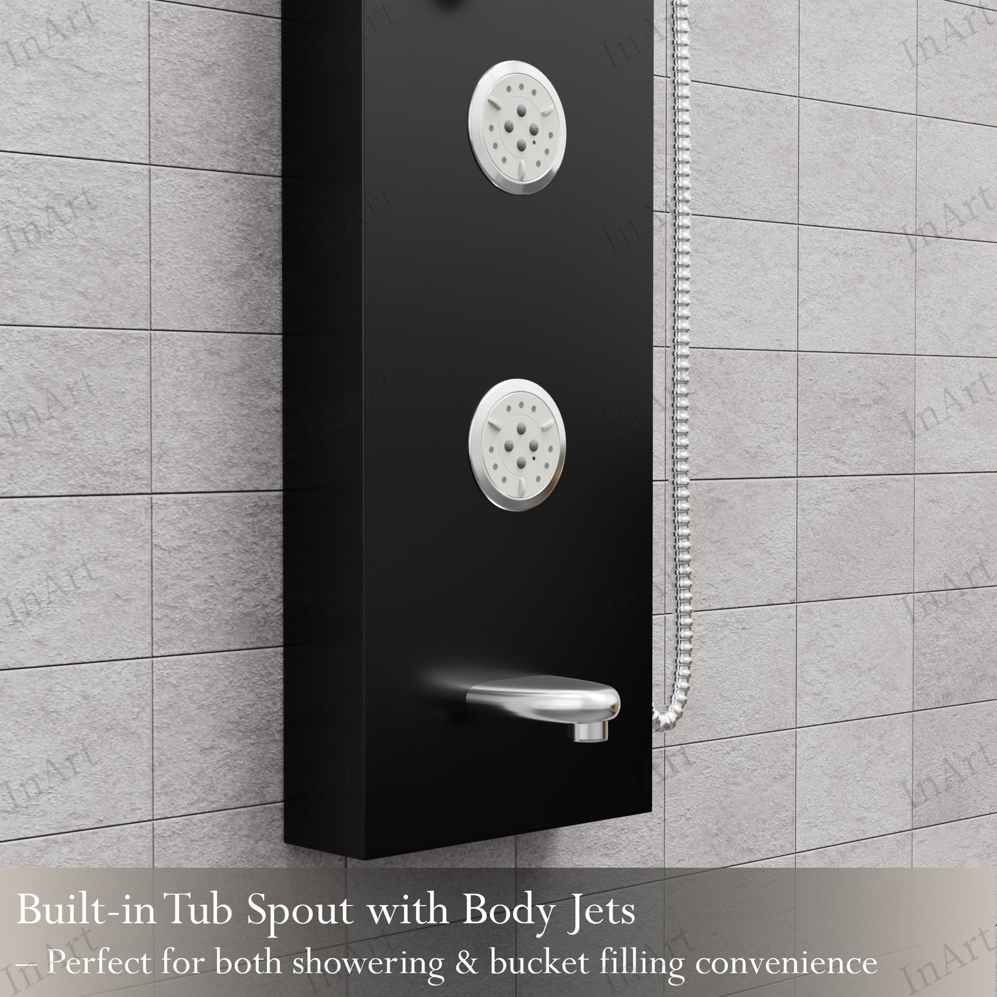 Size comparison of black stainless steel shower panel with rainfall head and body nozzles for bathroom
