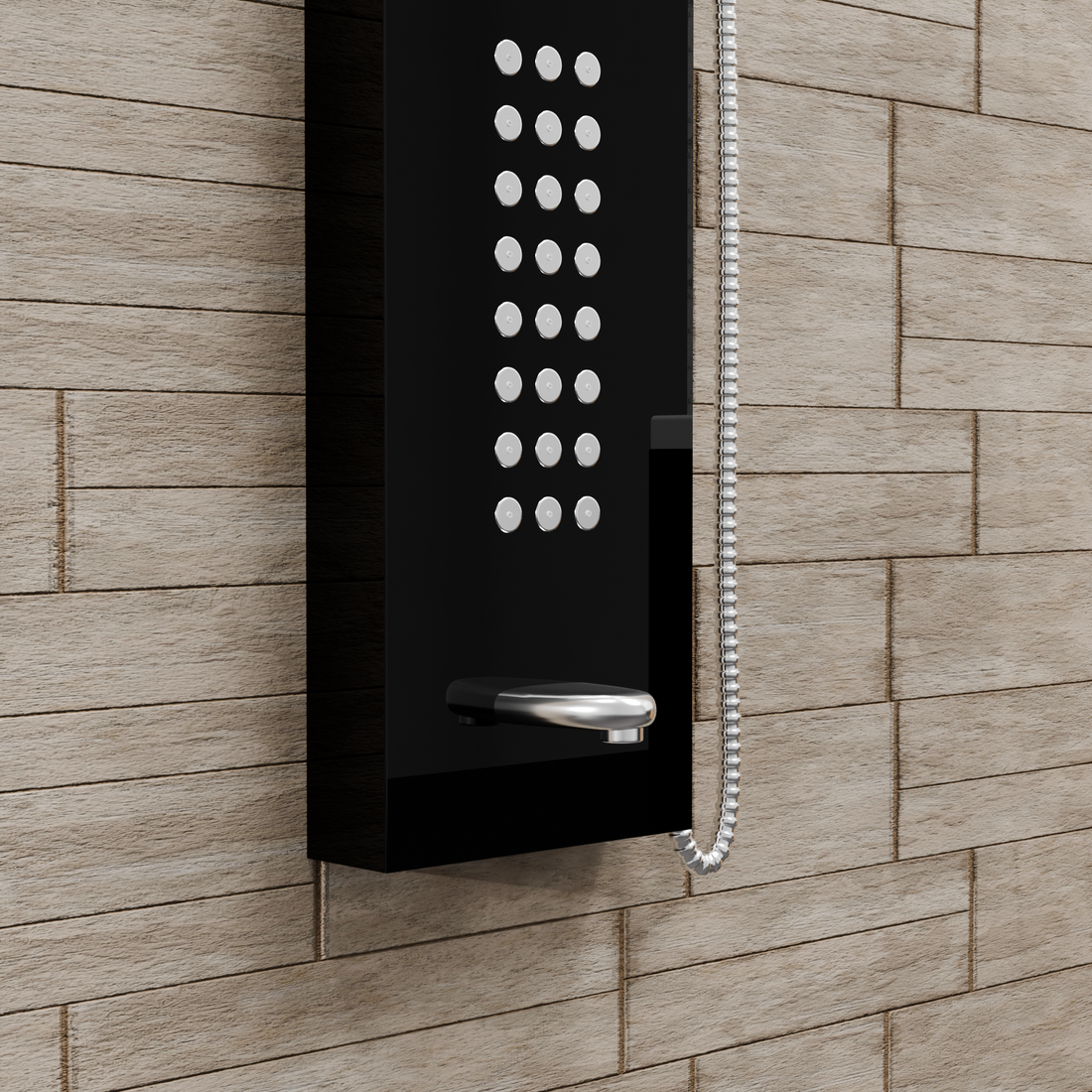 InArt Stainless Steel 304 Grade Shower Panel, 5 in 1 Tower System with Waterfall, Rainfall Shower, Body Massage Spray, SS Handheld Shower, Glass Shelf, Mirror Black SP042