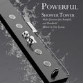 Black stainless steel shower panel with rainfall head mounted on fluted bathroom wall, modern design