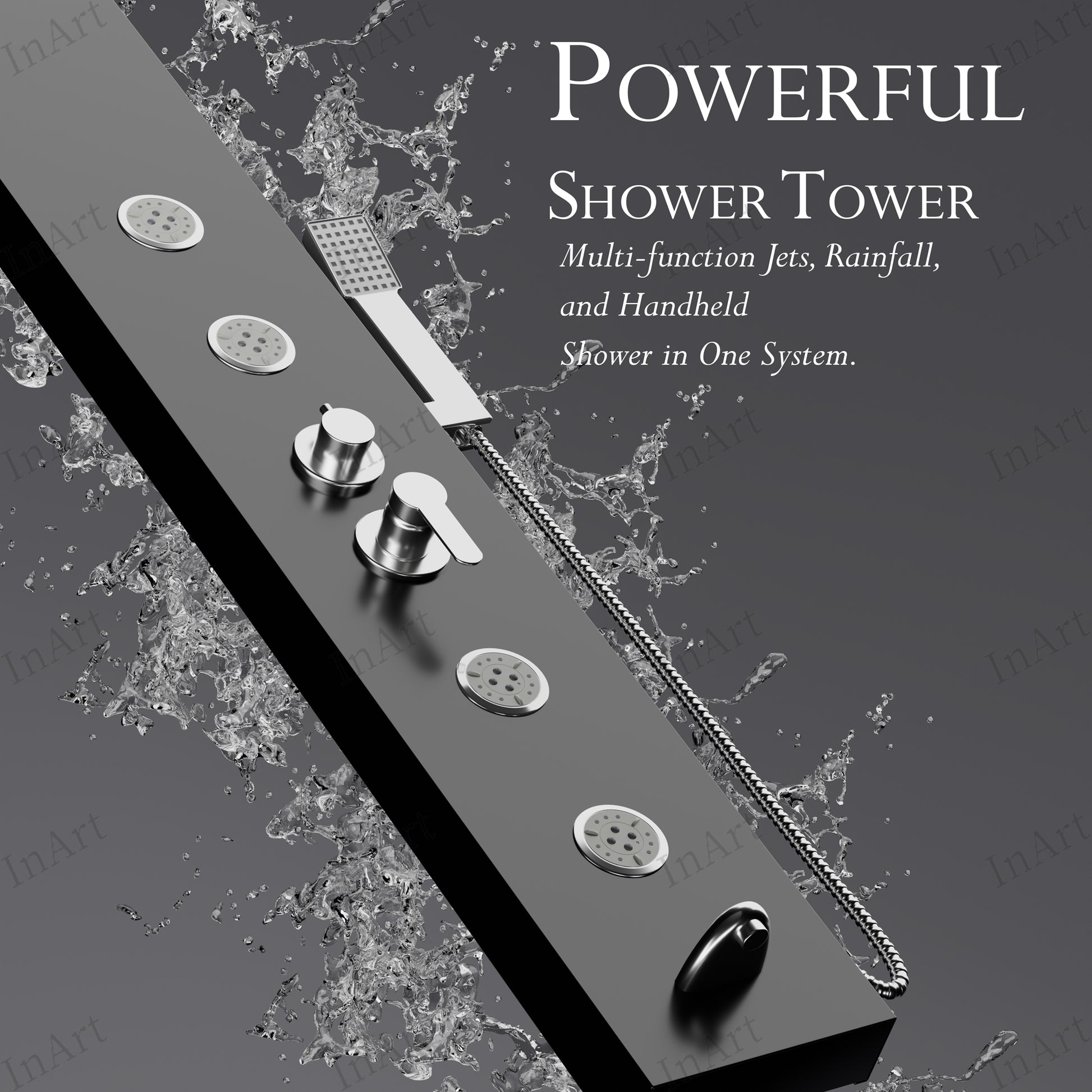 Black stainless steel shower panel with rainfall head mounted on fluted bathroom wall, modern design