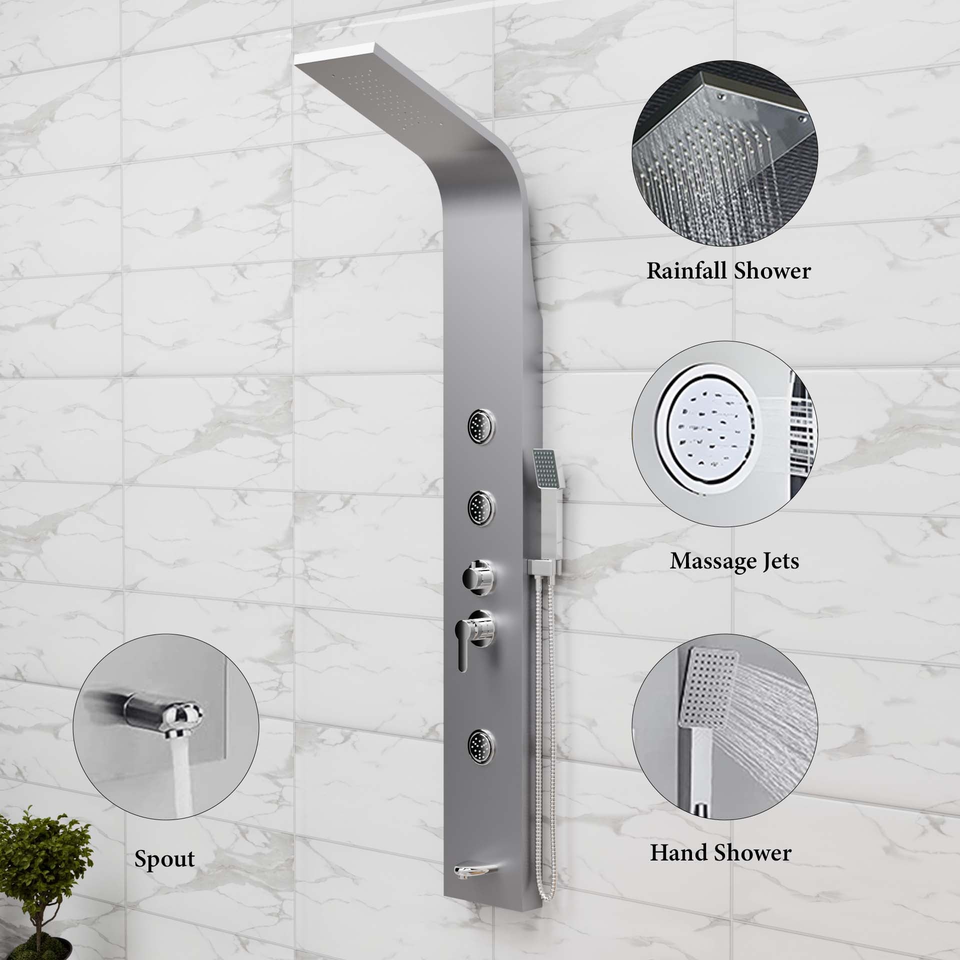 InArt Stainless Steel Shower Panel with Rainfall Shower Head, Body Nozzles, Handheld Shower, 3 Body Jets, Tub Spout, Adjustable Hot & Cold Control, Brushed Chrome SP040