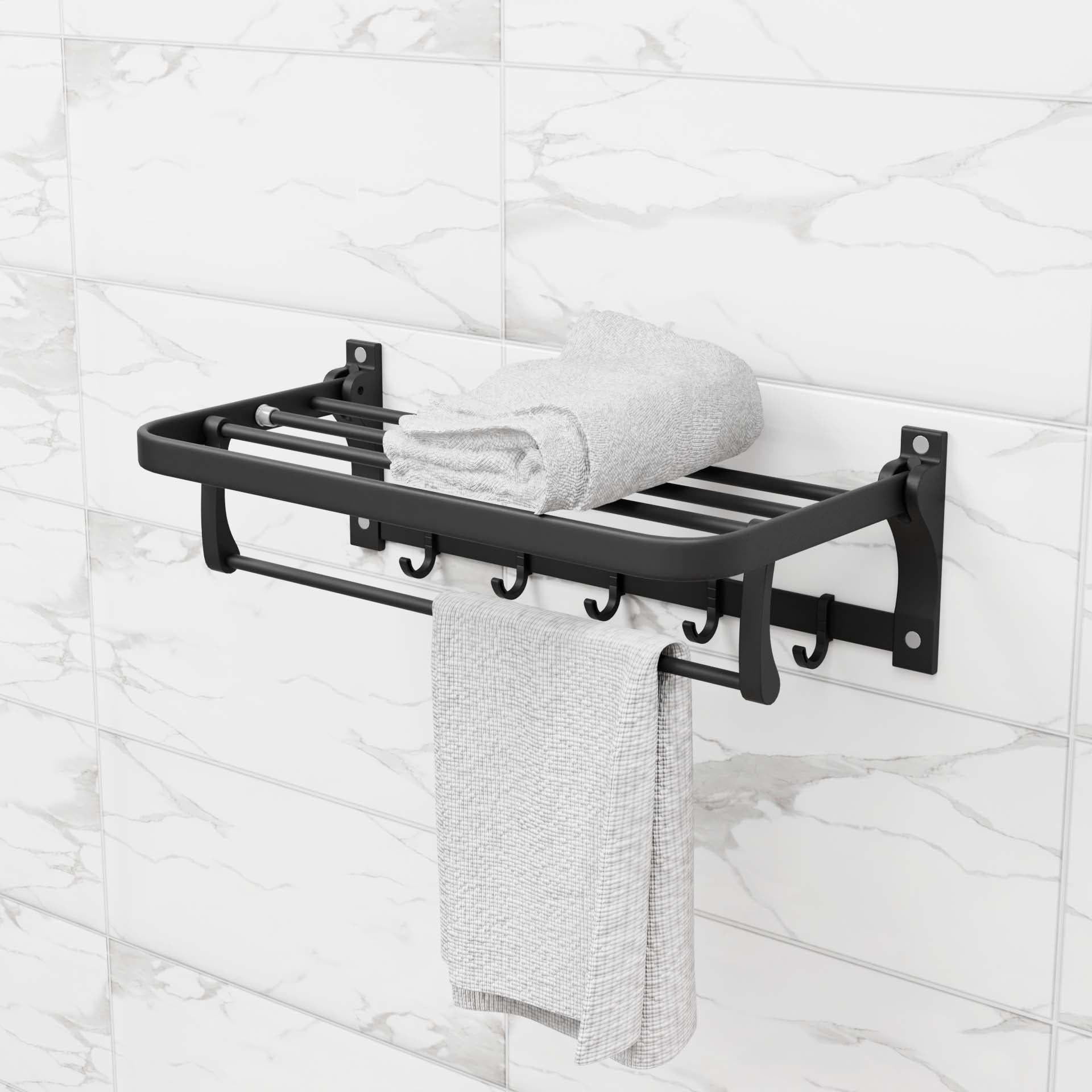 InArt grey 24-inch foldable wall-mounted towel rack with shelf - front view showing dual rod design
