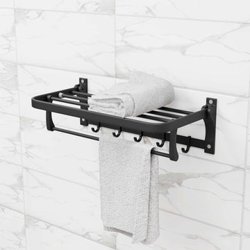 InArt grey 24-inch foldable wall-mounted towel rack with shelf - front view showing dual rod design