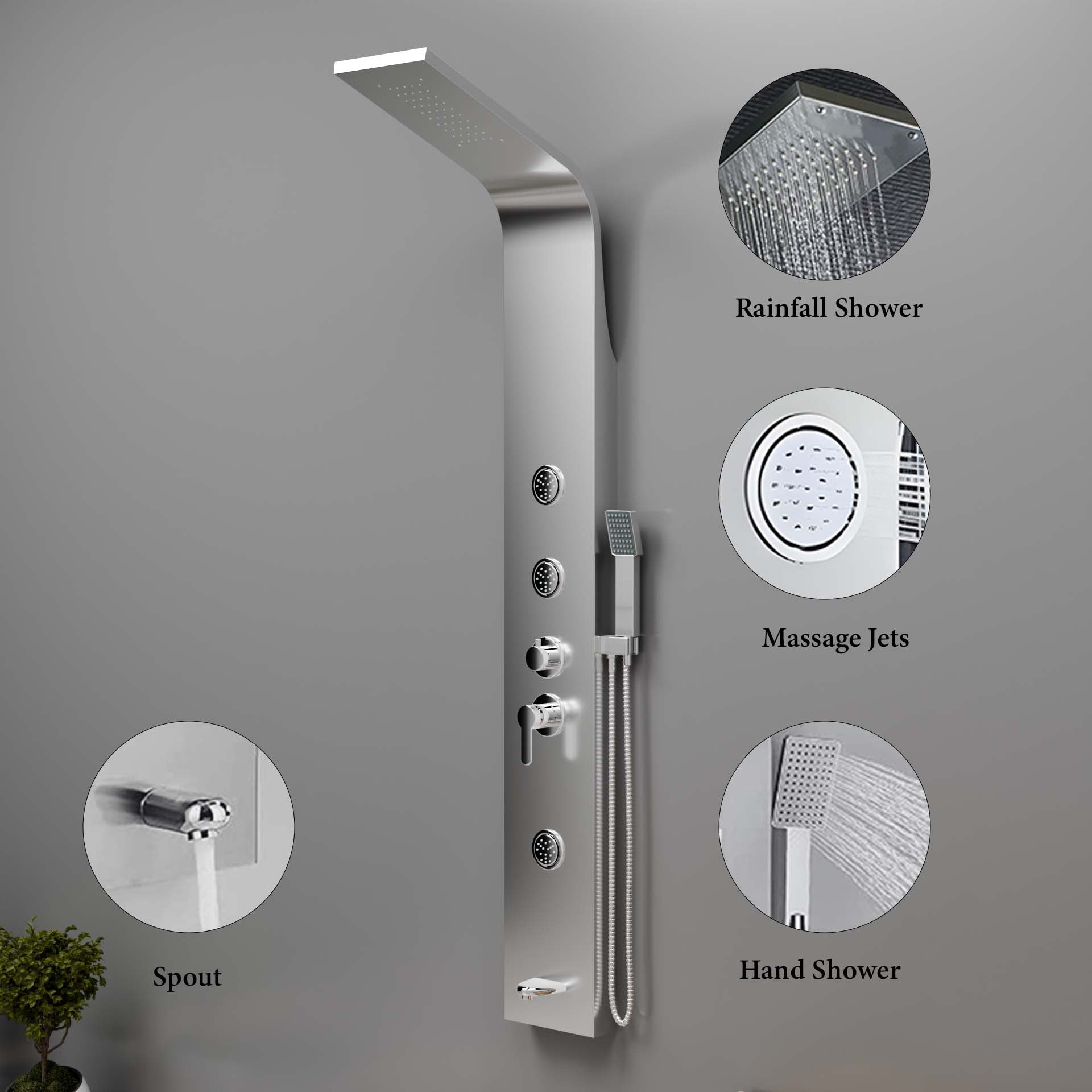 InArt Stainless Steel Shower Panel with Rainfall Shower Head, Body Nozzles, Handheld Shower, 3 Body Jets, Tub Spout, Adjustable Hot & Cold Control, Chrome SP039