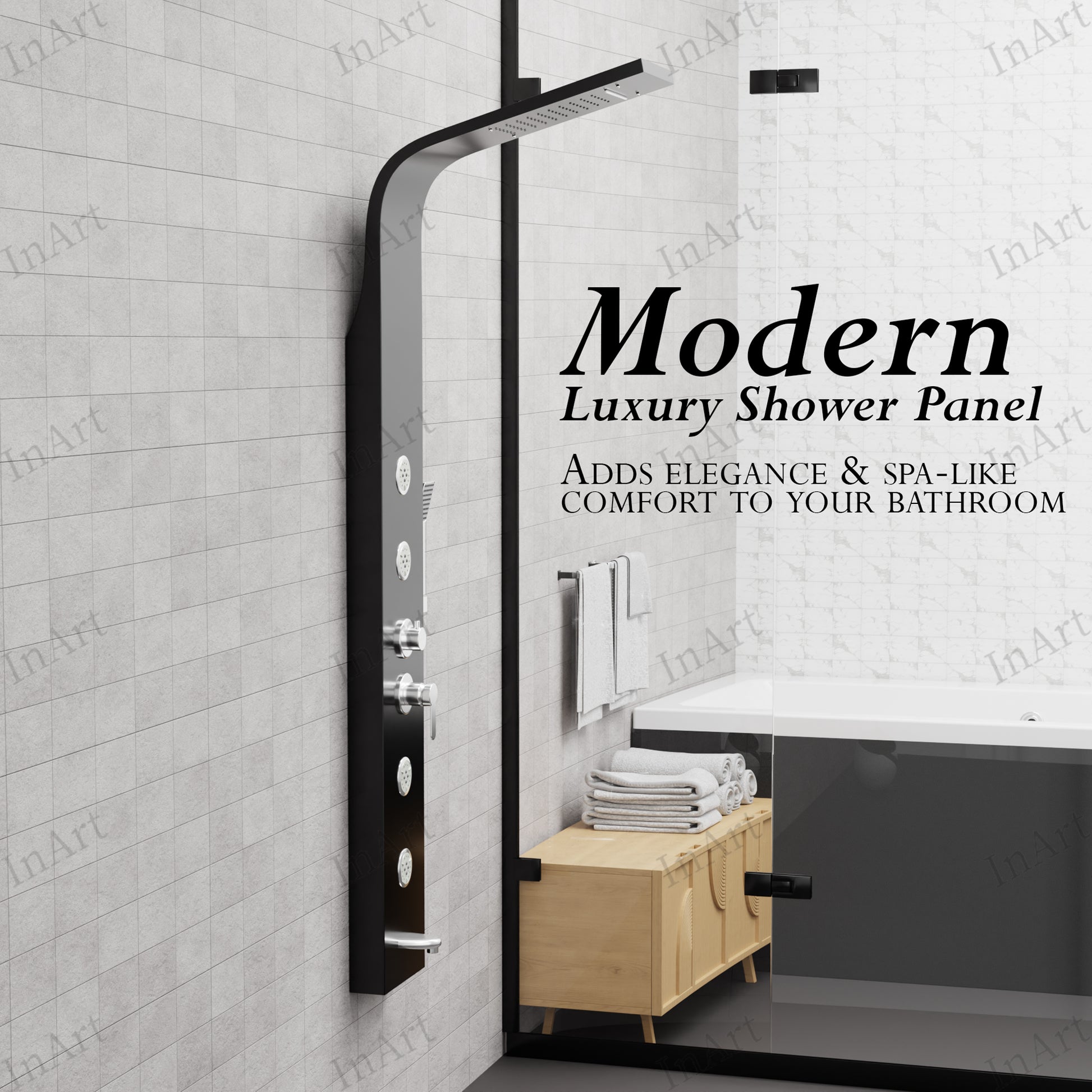 Detail view of black stainless steel shower panel with fluted paneling and rainfall shower head design