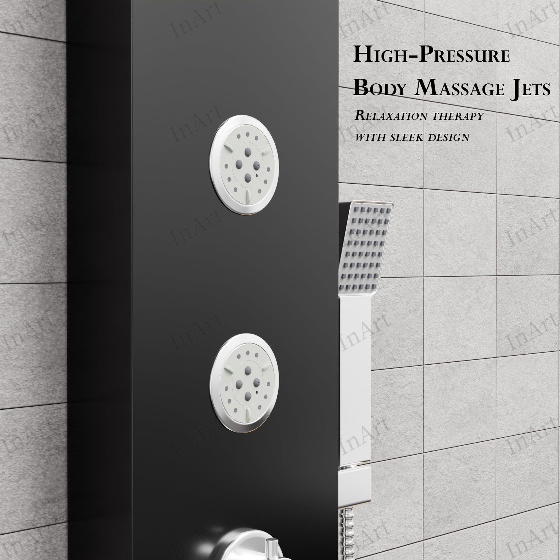 InArt black stainless steel shower panel with rainfall head - additional angle view showing fluted paneling design