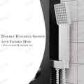InArt black stainless steel shower panel view showing rainfall head and body nozzles in modern bathroom