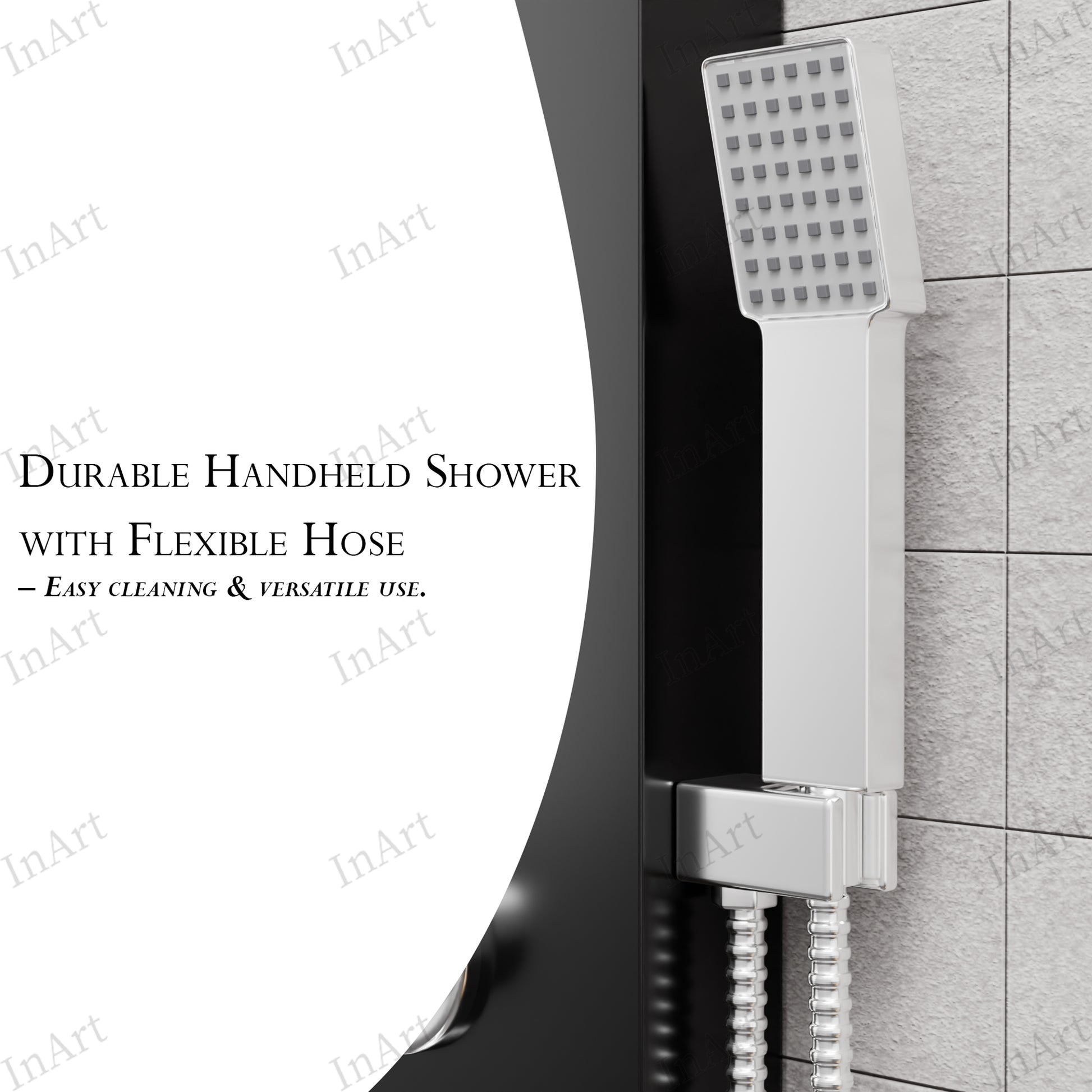 InArt black stainless steel shower panel view showing rainfall head and body nozzles in modern bathroom