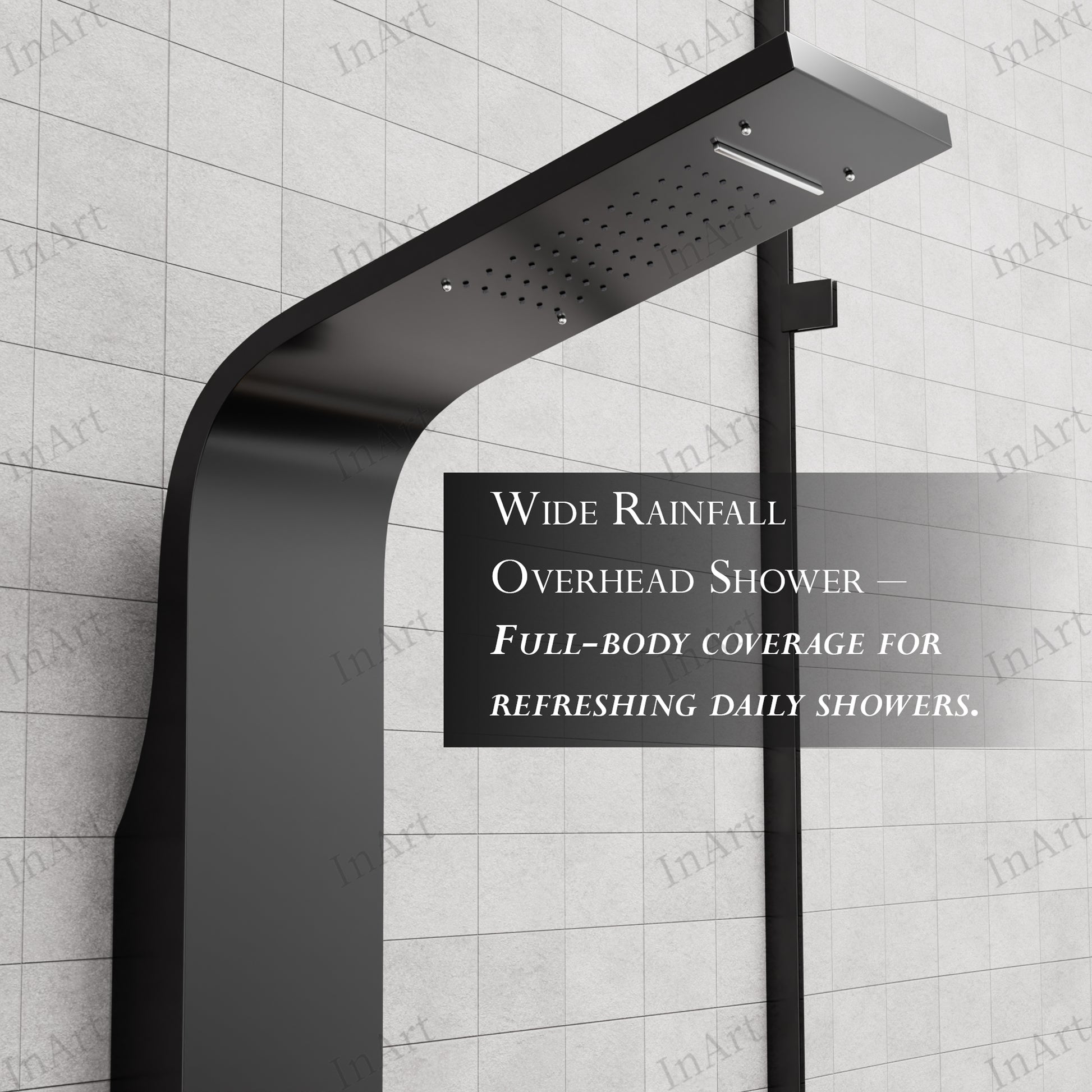 InArt black stainless steel shower panel with rainfall head and body nozzles - view 13 installation display