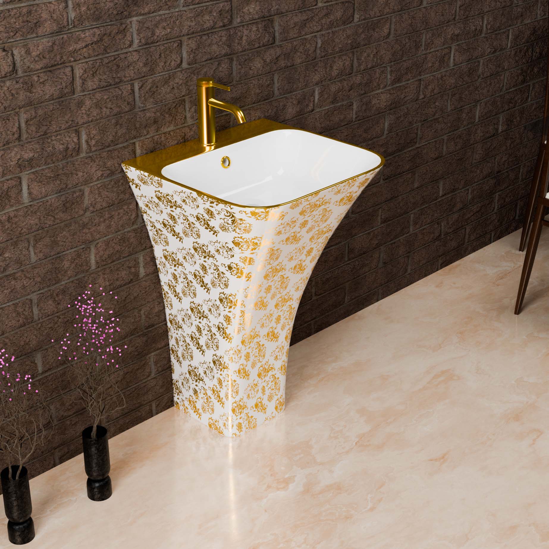 InArt Ceramic One Piece Pedestal Wash Basin Free Standing Size 18" x 17" x 5.5" Inch Square White Gold Color PW003