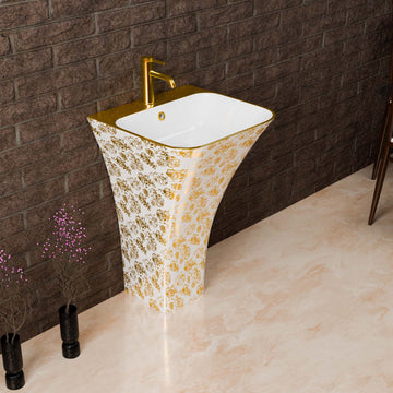 InArt Ceramic One Piece Pedestal Wash Basin Free Standing Size 18" x 17" x 5.5" Inch Square White Gold Color PW003