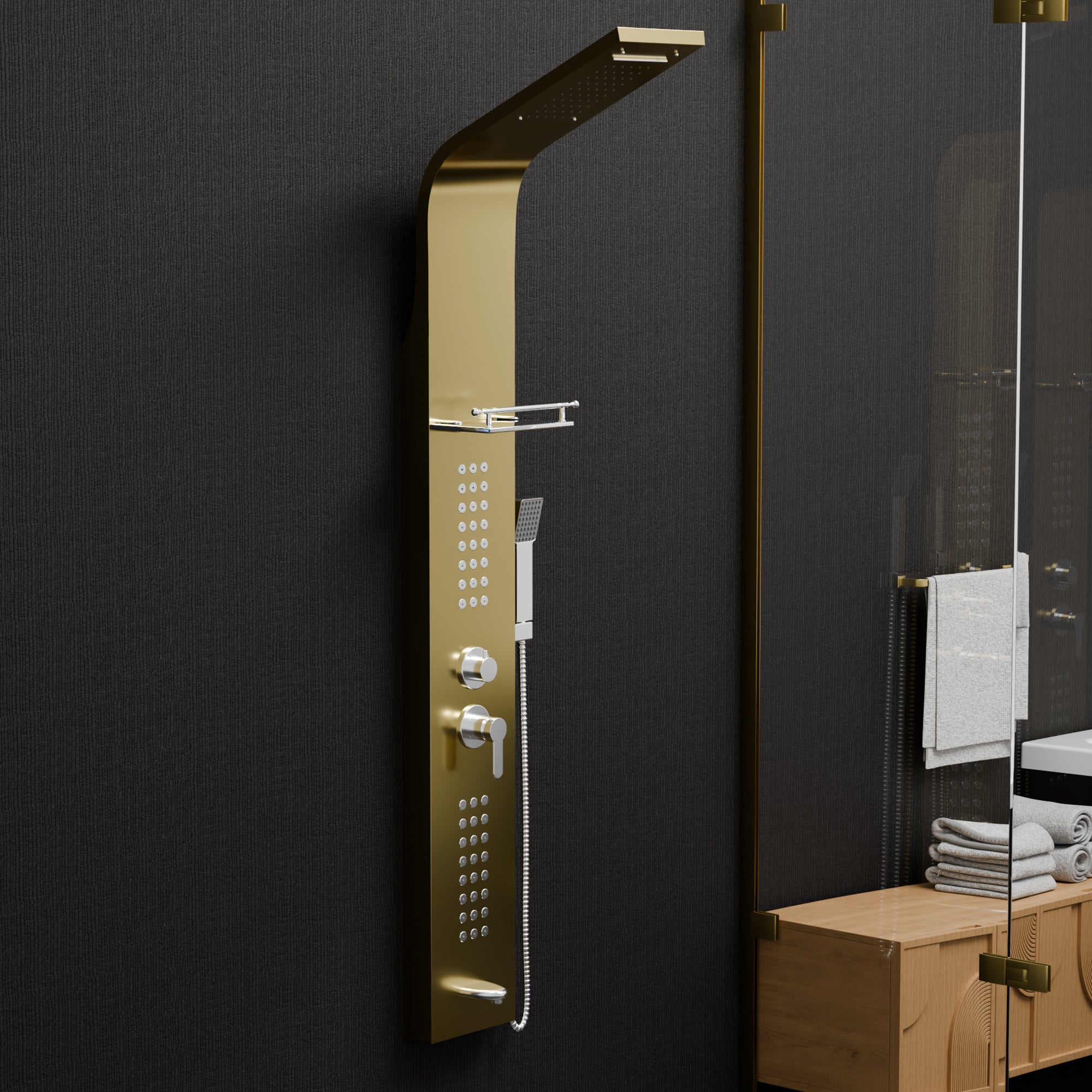 InArt Gold Stainless Steel Shower Panel Tower System – Rainfall, Waterfall, Body Jets, Hand Shower & Tub Spout | 304 Grade SS | Wall Mounted SP064