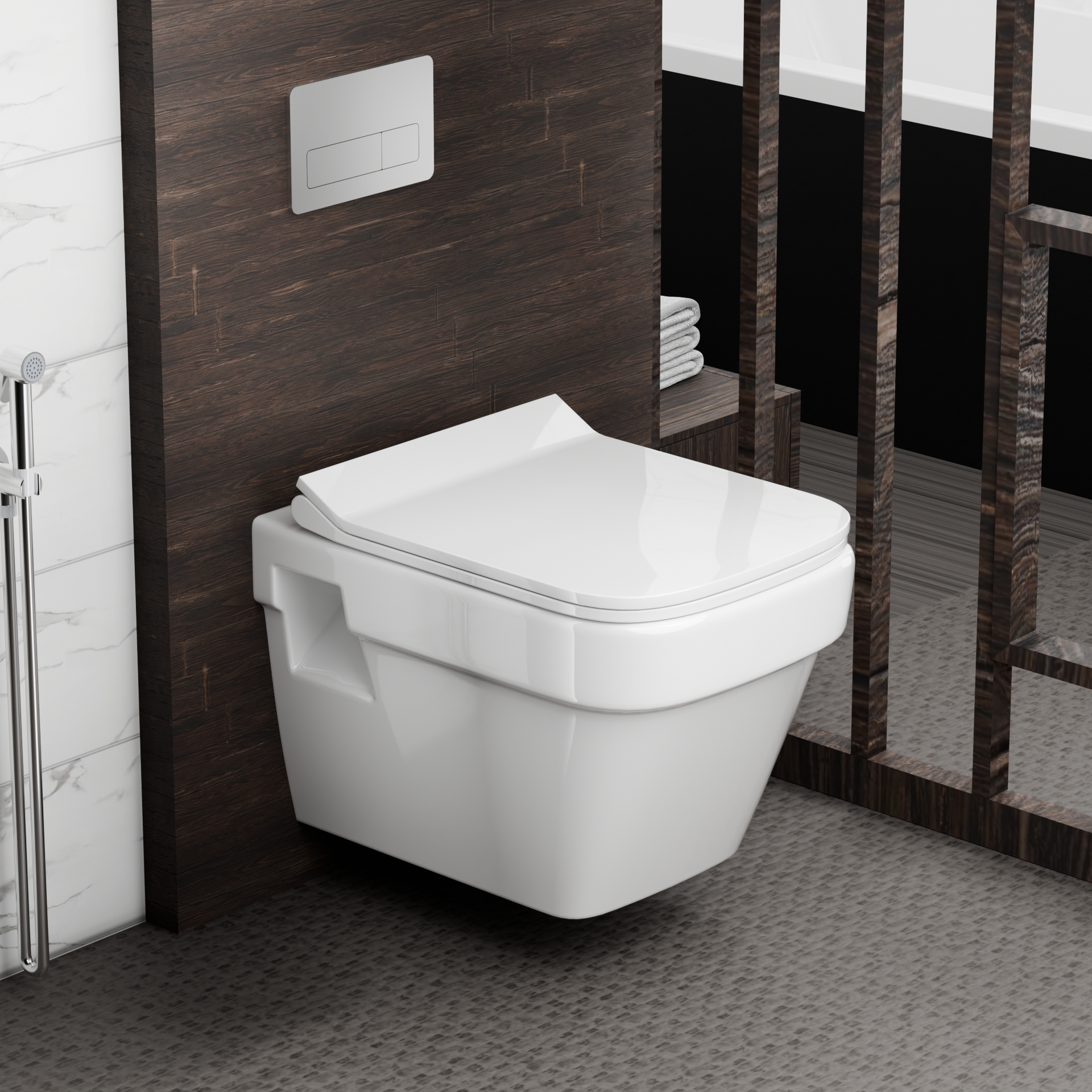 InArt rimless ceramic white glossy wall hung commode - front view of modern wall mounted toilet seat
