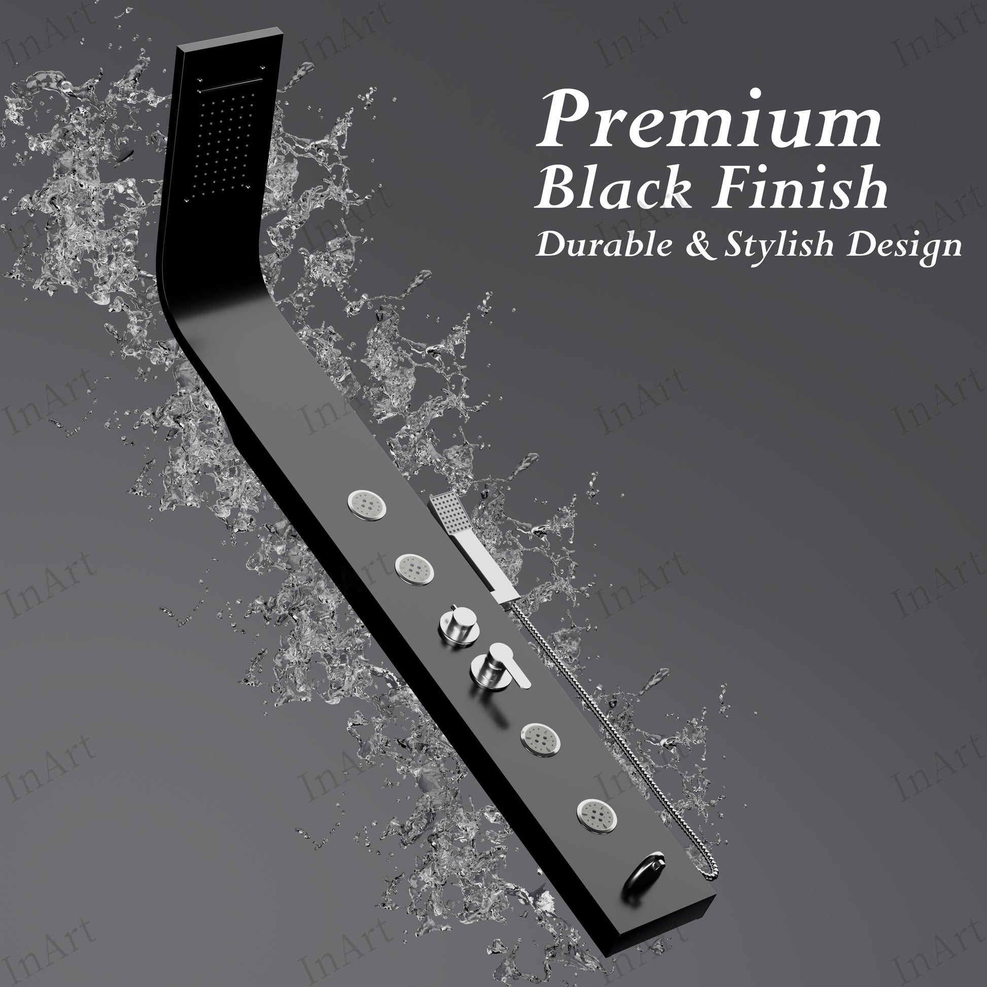 InArt black stainless steel shower panel with rainfall head shown from alternate angle view