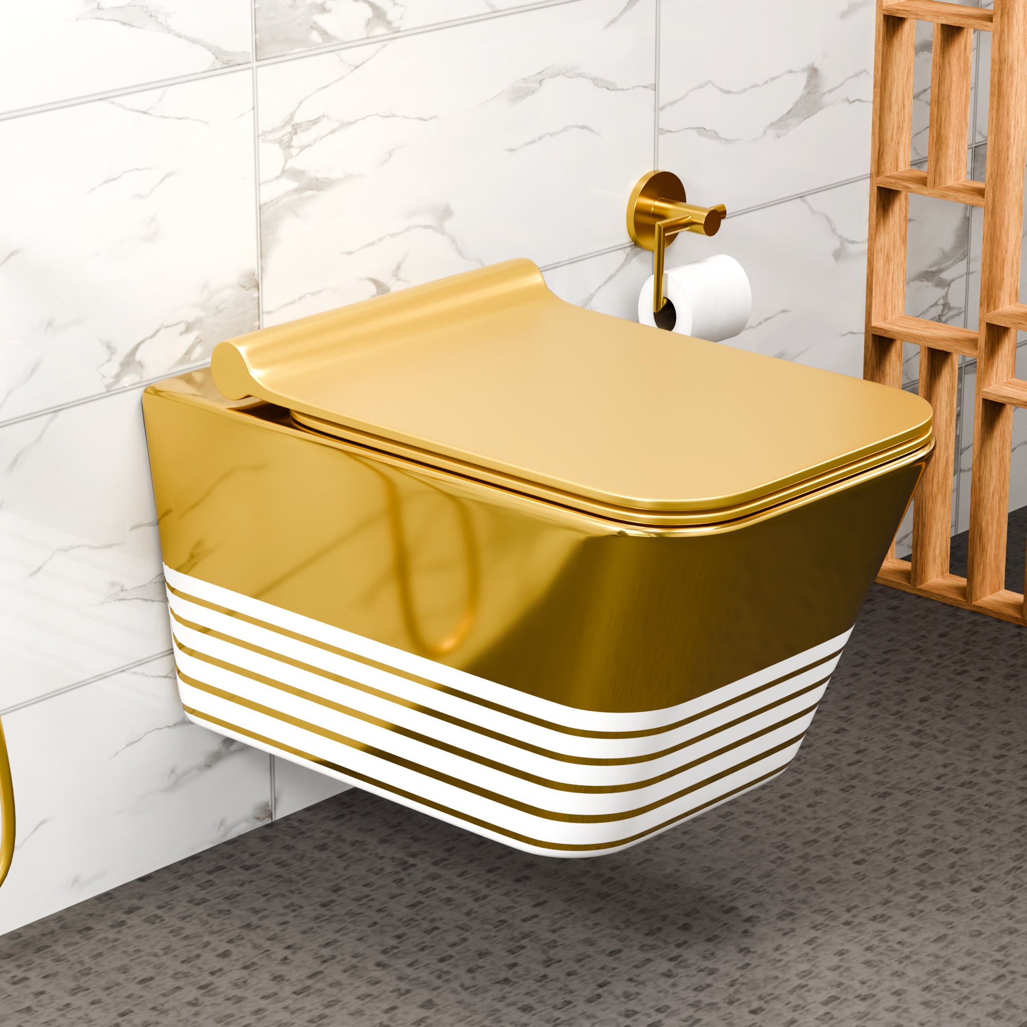 InArt Ceramic Rimless Wall Hung or Wall Mounted Water Closet Toilet with Soft Seat Cover Stripe Pattern White Gold Color DWH008