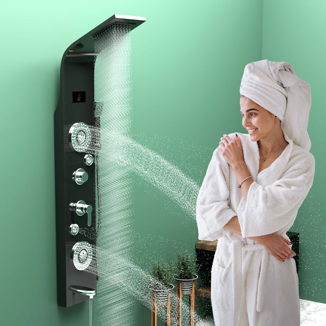 InArt black stainless steel LED rainfall waterfall shower panel with massage system main product view