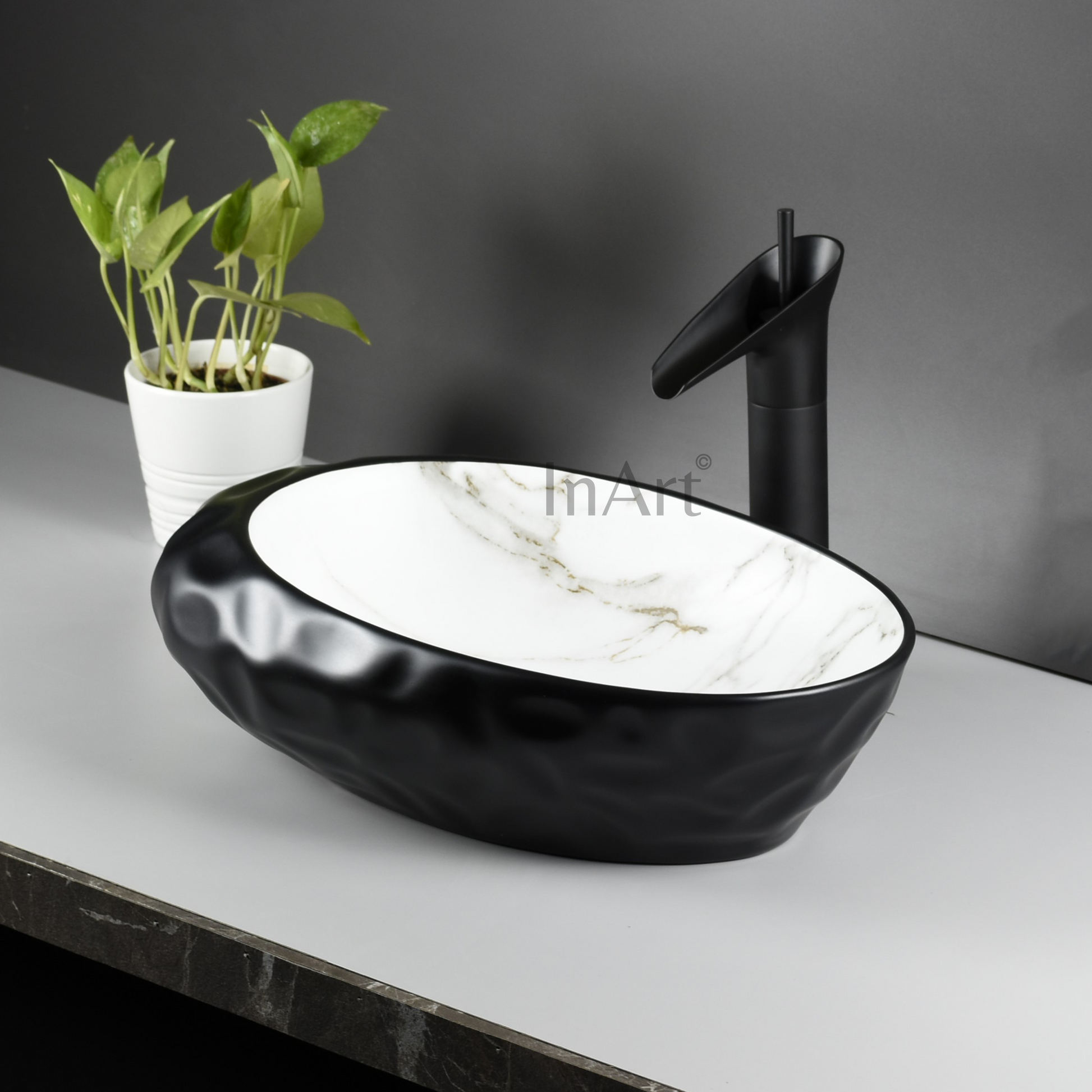 InArt Ceramic Counter or Table Top Wash Basin Black Matt 49x31 CM - InArt-Studio