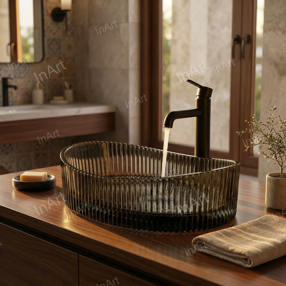 Oval glossy black glass table top wash basin on counter, 50x37x14 cm