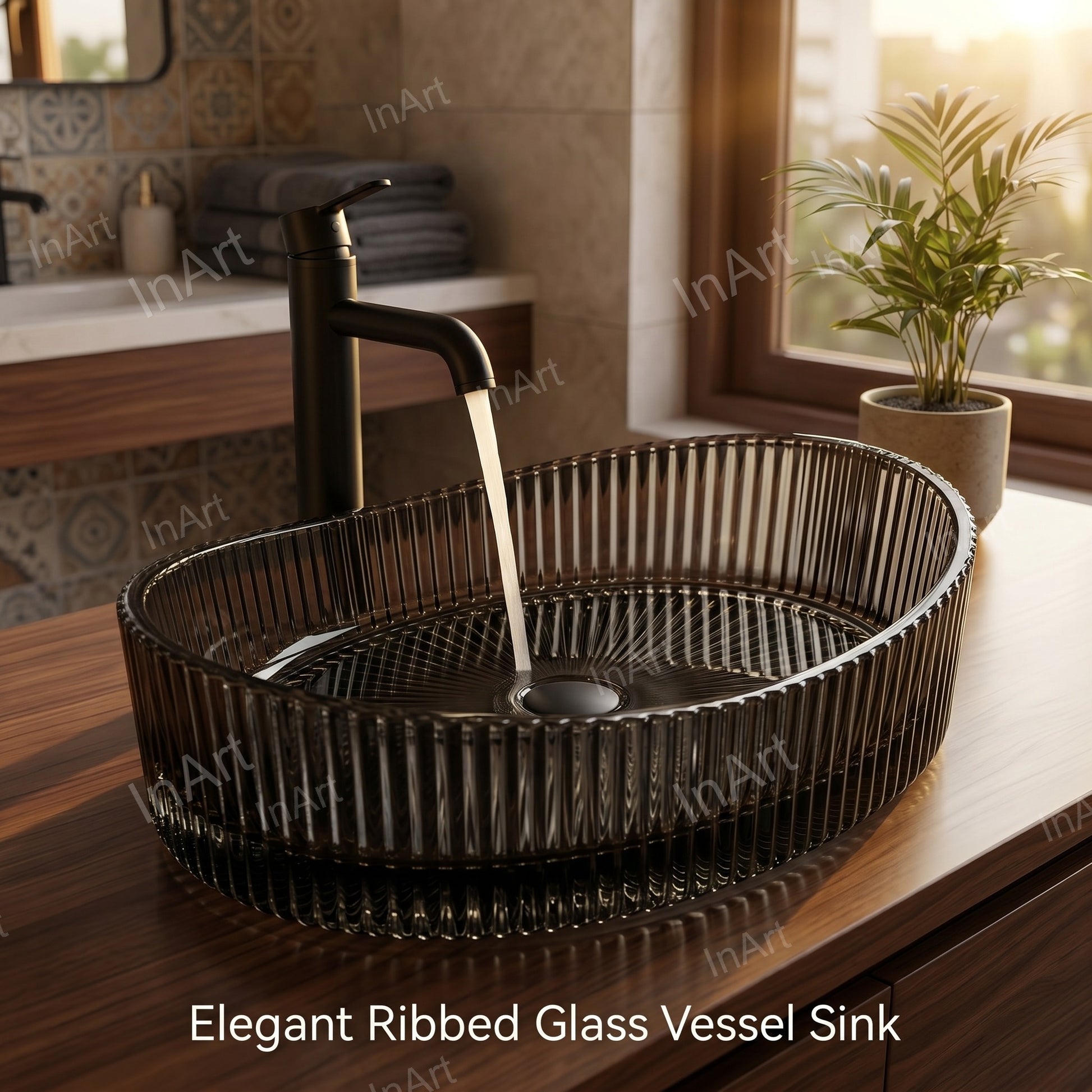 Close-up of glossy finish on black glass wash basin surface